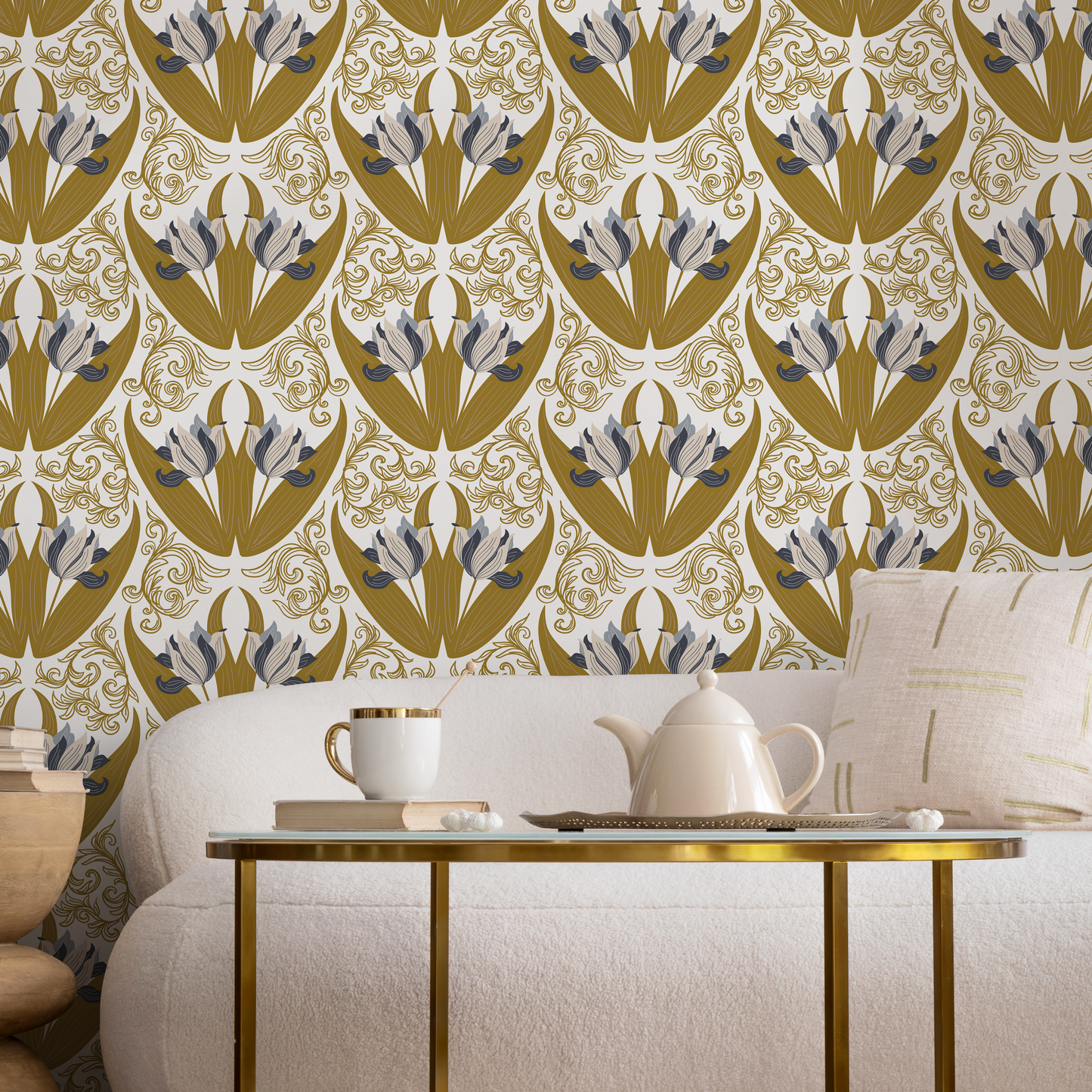 Papel tapiz removible, papel tapiz autoadhesivo, decoración de pared, decoración del hogar, arte de pared imprimible, arte de pared para habitación / Damasco floral - C100