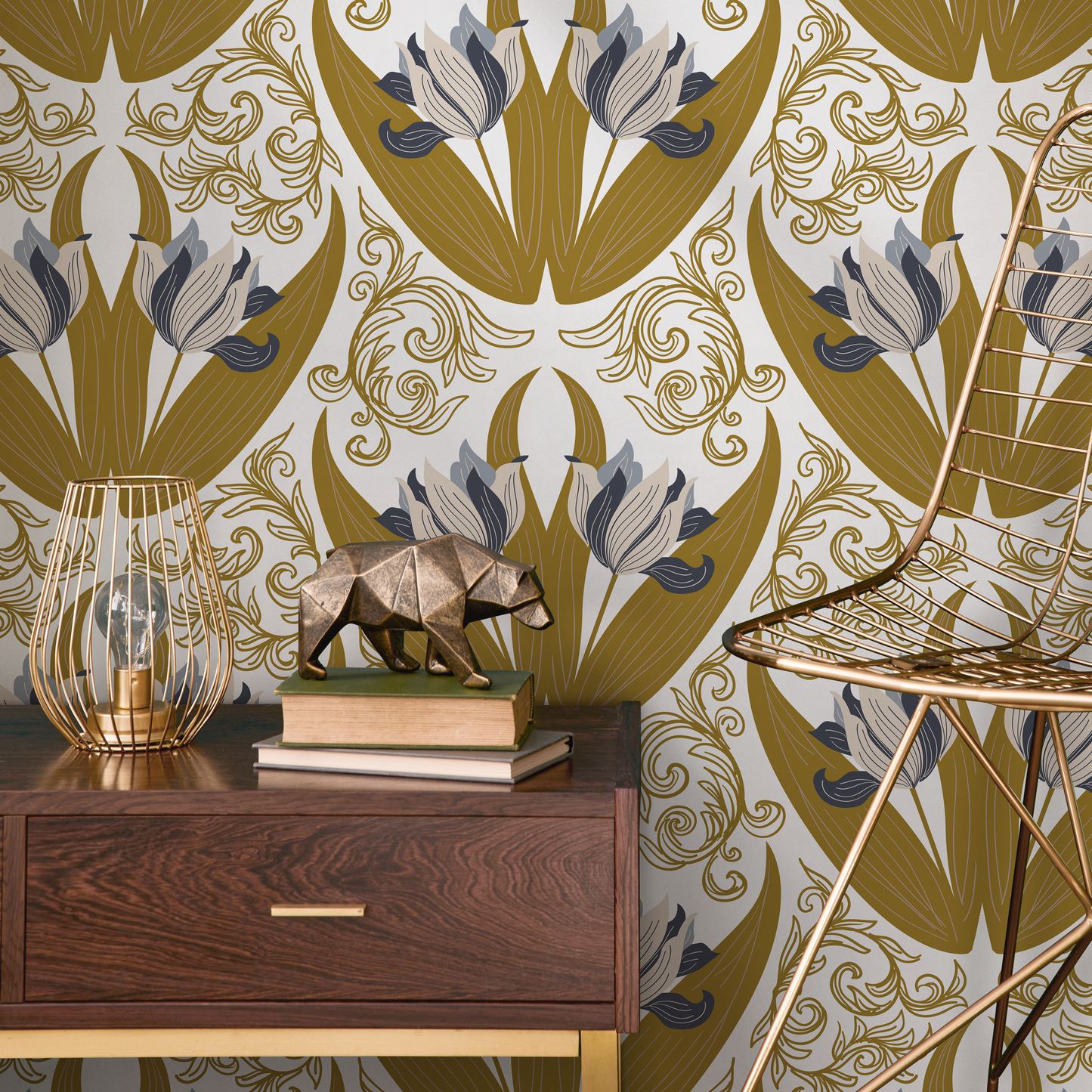 Papel tapiz removible, papel tapiz autoadhesivo, decoración de pared, decoración del hogar, arte de pared imprimible, arte de pared para habitación / Damasco floral - C100