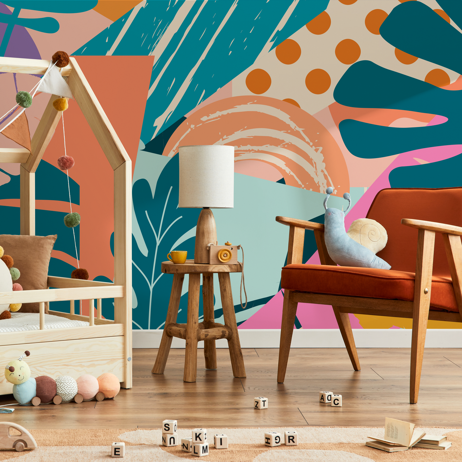 Abstract Wallpaper with a Colorful Collage of Shapes in Teal, Orange, and Pink - C106