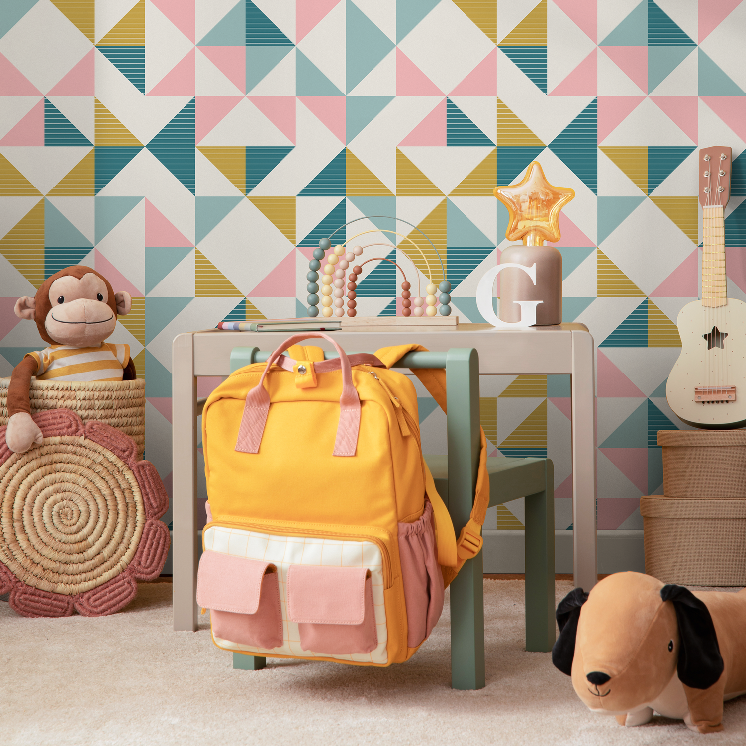 Geometric Wallpaper with a Colorful Triangle Pattern in Teal, Pink, and Yellow - C107