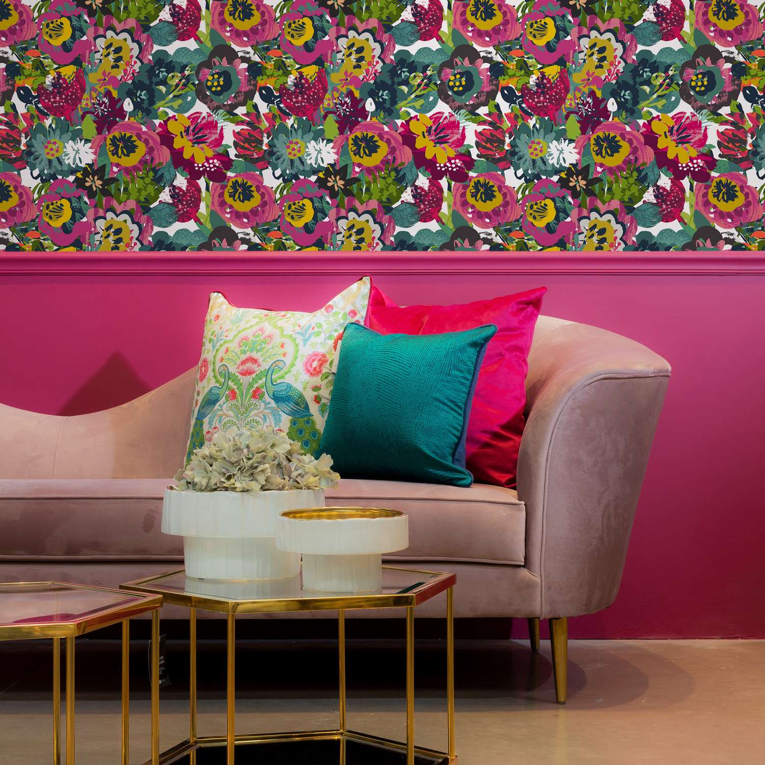 Abstract Floral Wallpaper with a Painterly Motif in Pink, Teal, and Yellow - C110