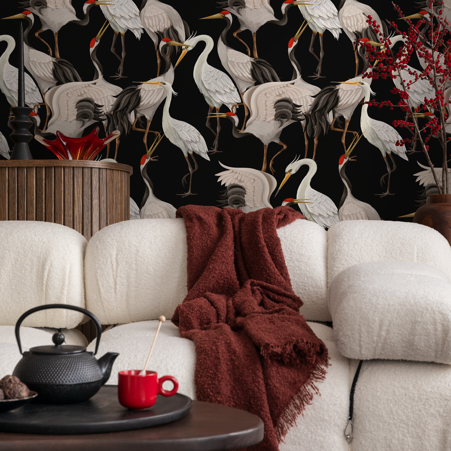 Chinoiserie Wallpaper Featuring Japanese Cranes in Black, White, and Red - C116