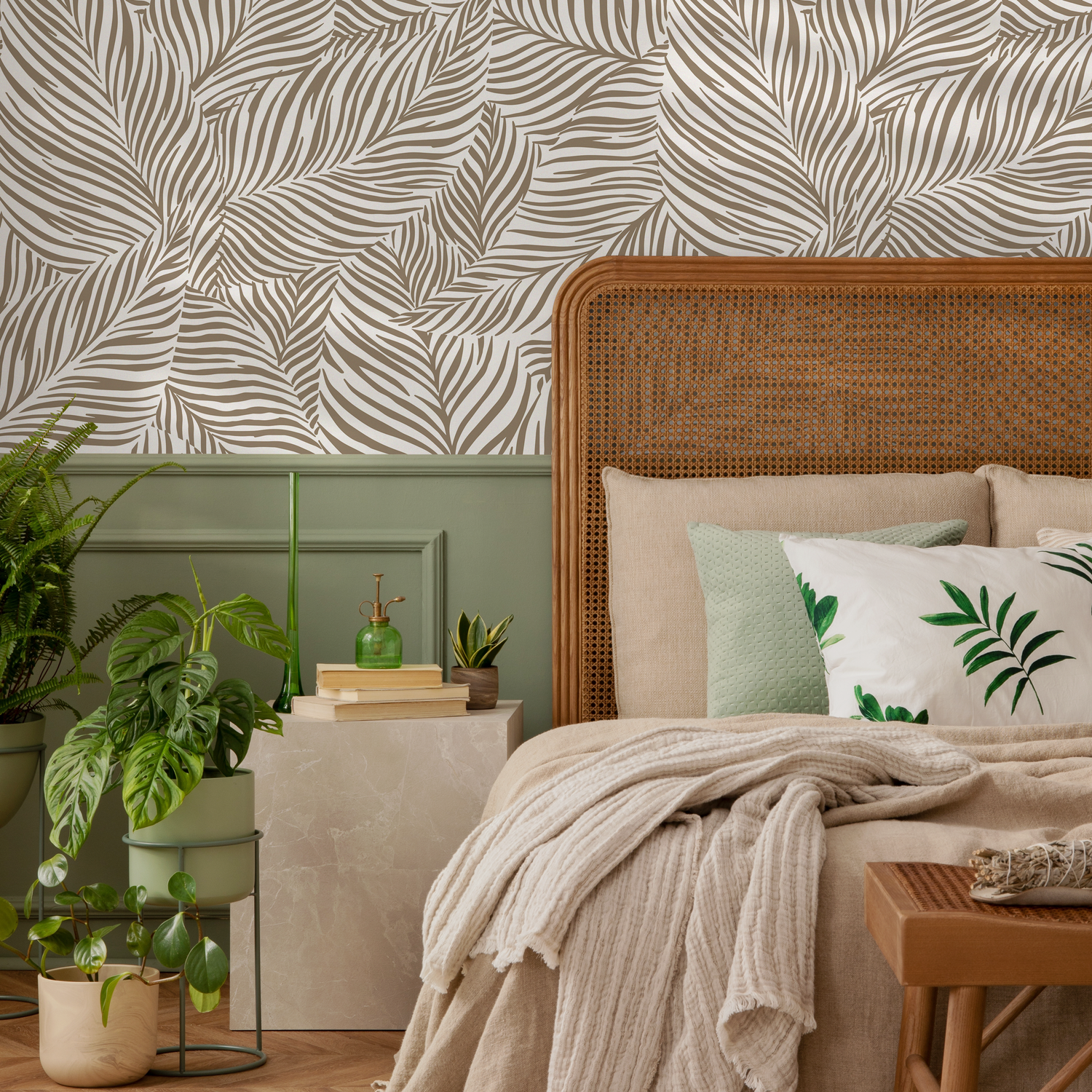 Botanical Wallpaper with a Stylized Palm Leaf Motif in Olive Green - C117
