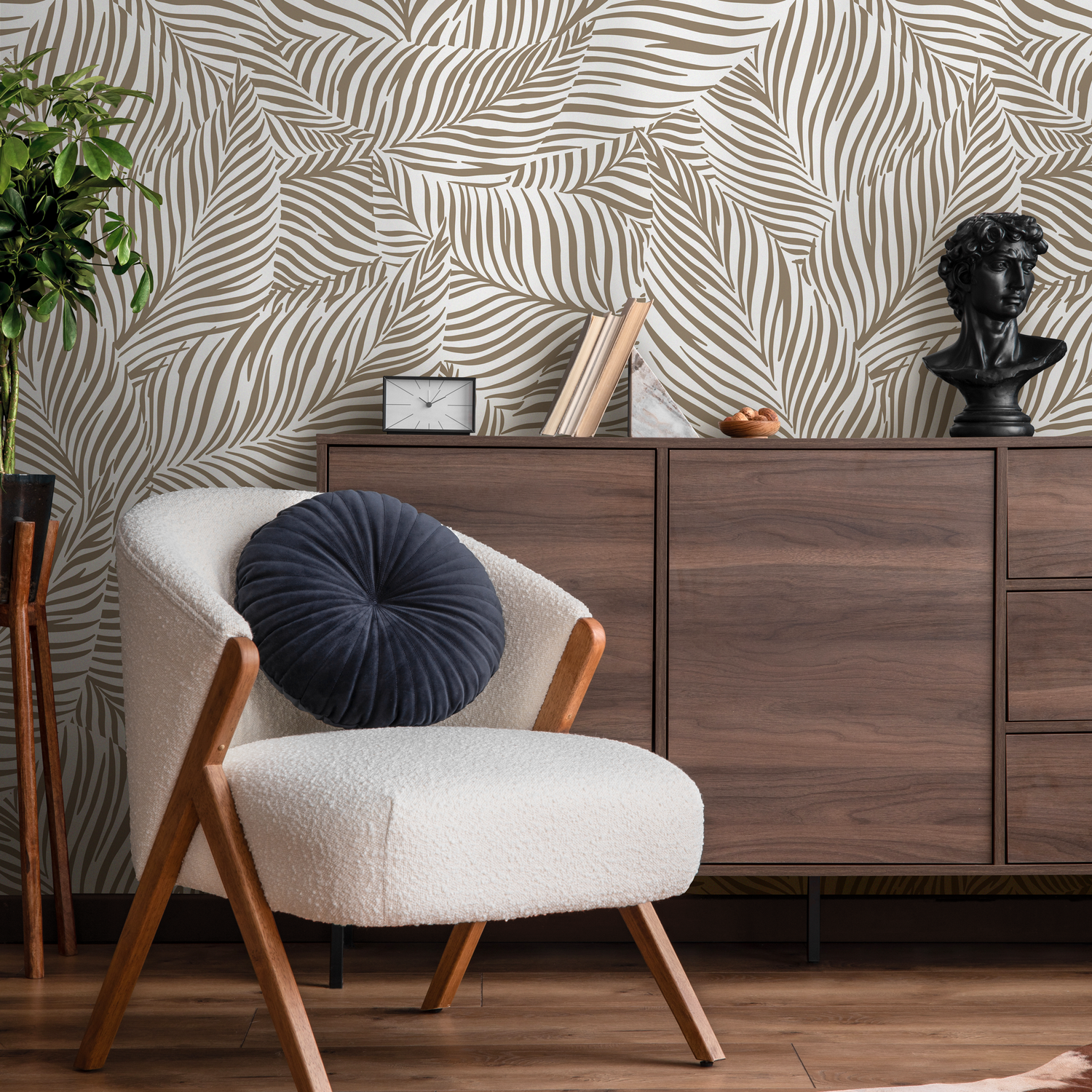 Botanical Wallpaper with a Stylized Palm Leaf Motif in Olive Green - C117