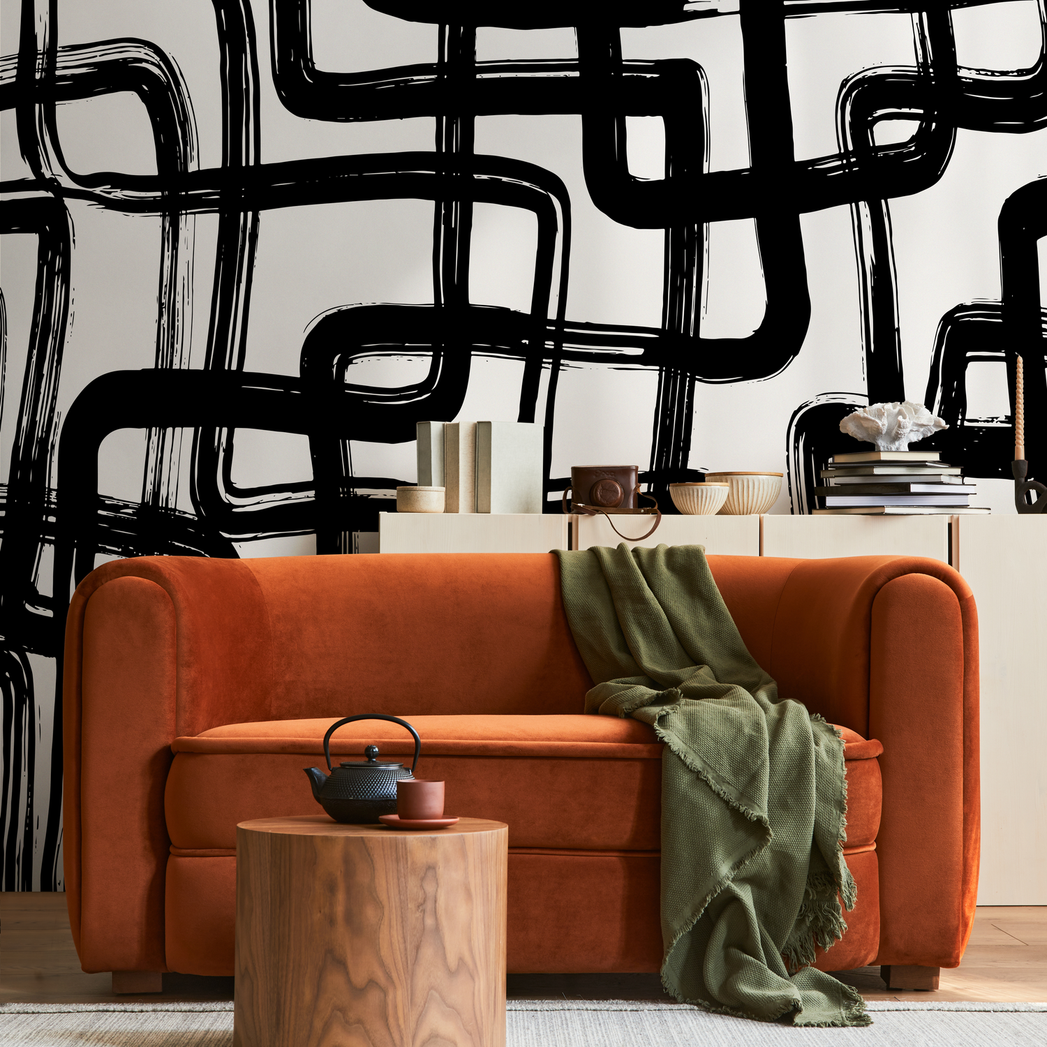 Abstract Wallpaper with Bold Brushstrokes in Black and White - C119
