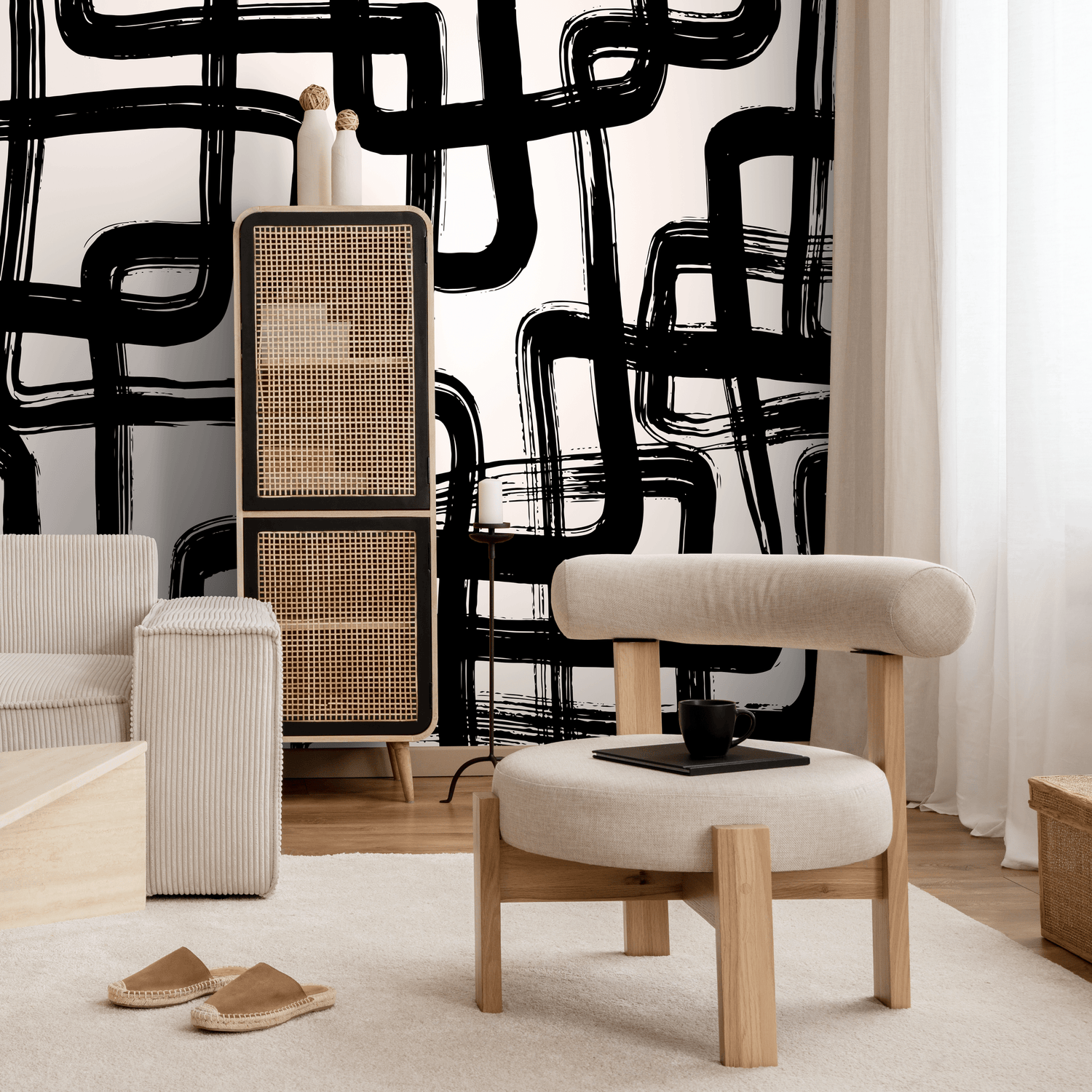 Abstract Wallpaper with Bold Brushstrokes in Black and White - C119