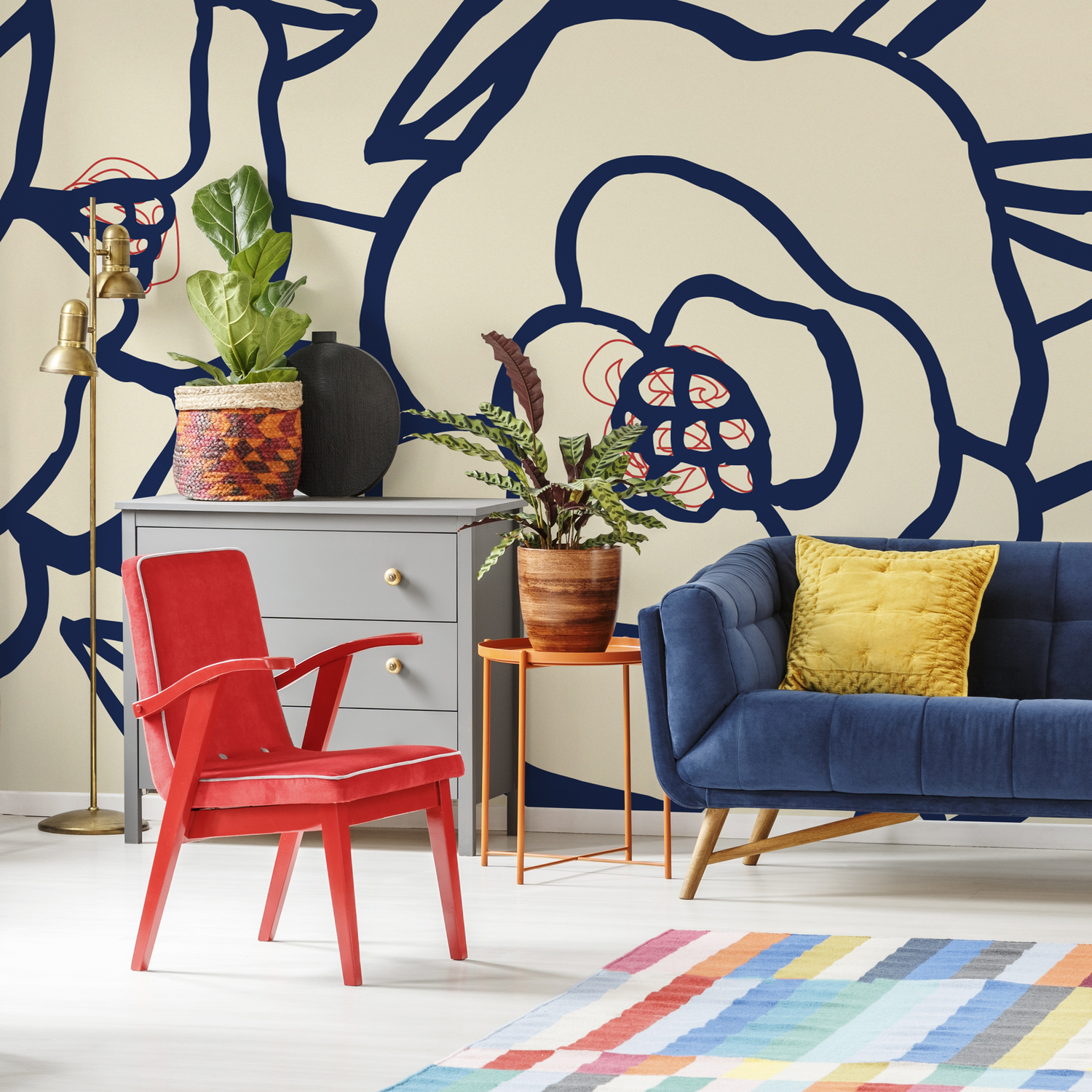 Floral Wallpaper with Bold Abstract Blooms in Navy Blue, Red, and Cream - C124
