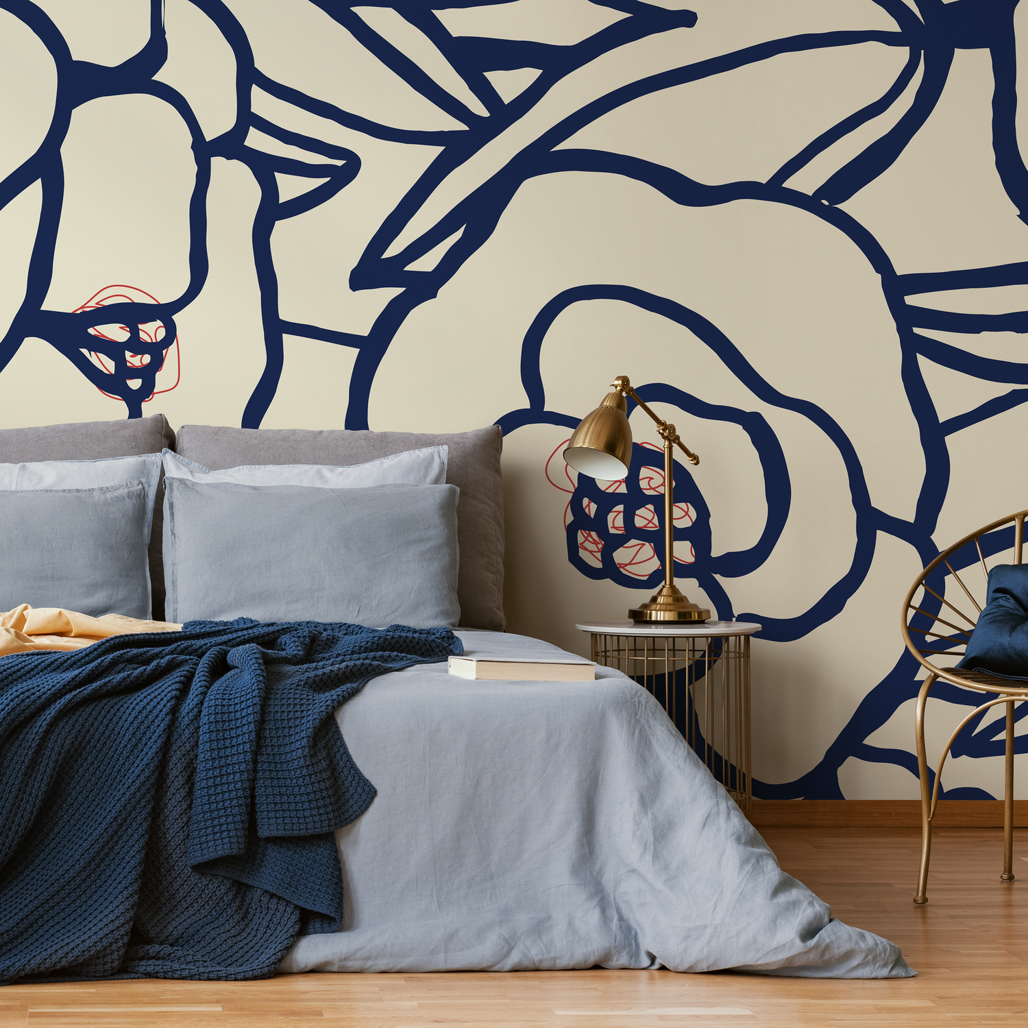 Floral Wallpaper with Bold Abstract Blooms in Navy Blue, Red, and Cream - C124