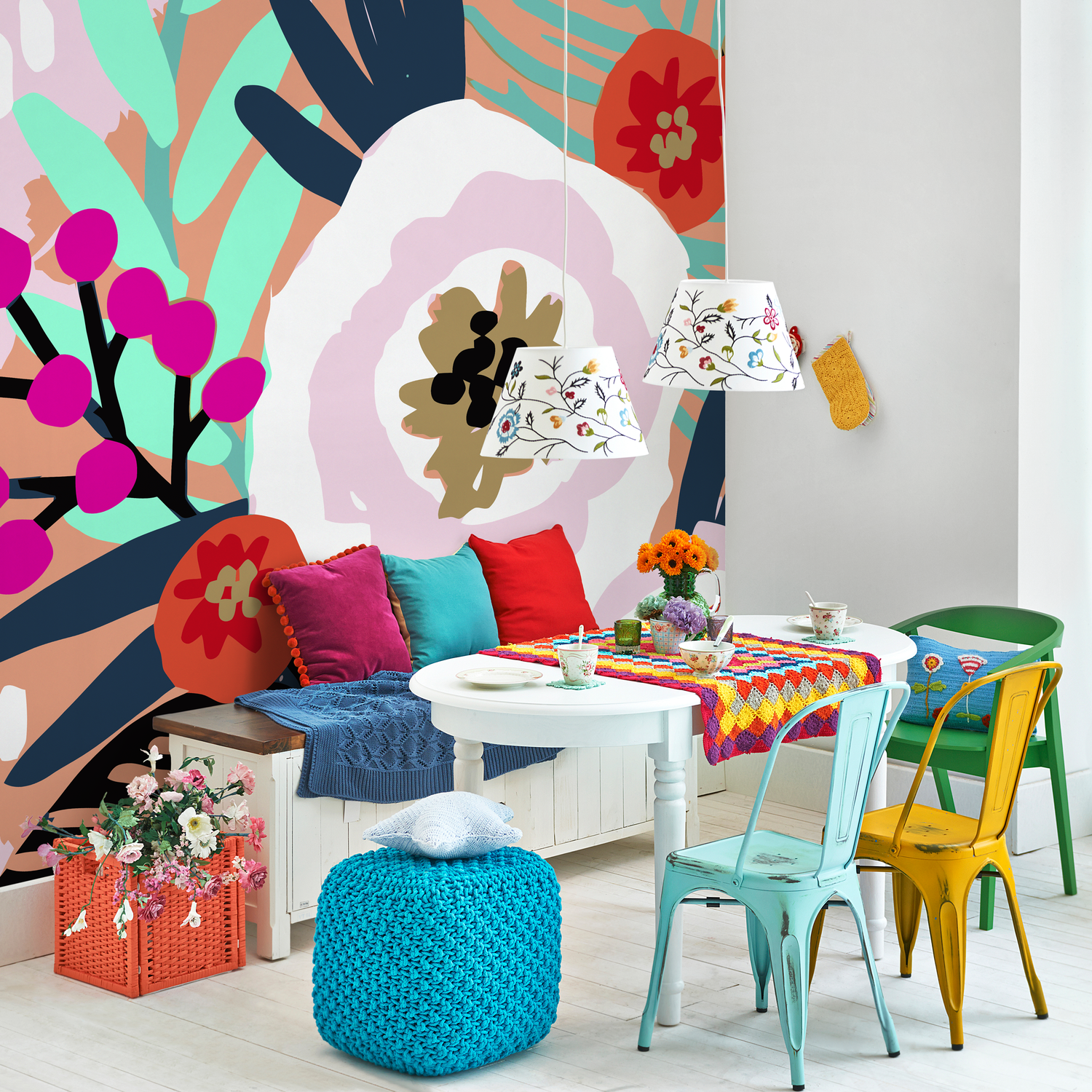 Abstract Floral Wallpaper with a Bold Botanical Motif in Peach, Magenta, and Blue - C130