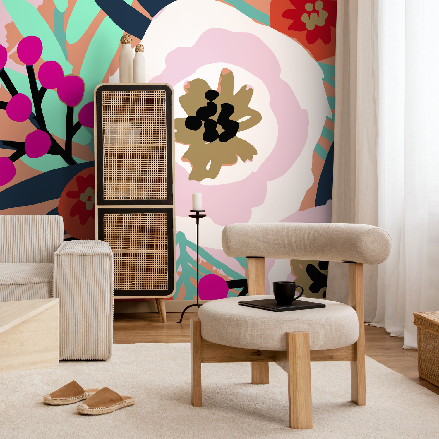 Abstract Floral Wallpaper with a Bold Botanical Motif in Peach, Magenta, and Blue - C130