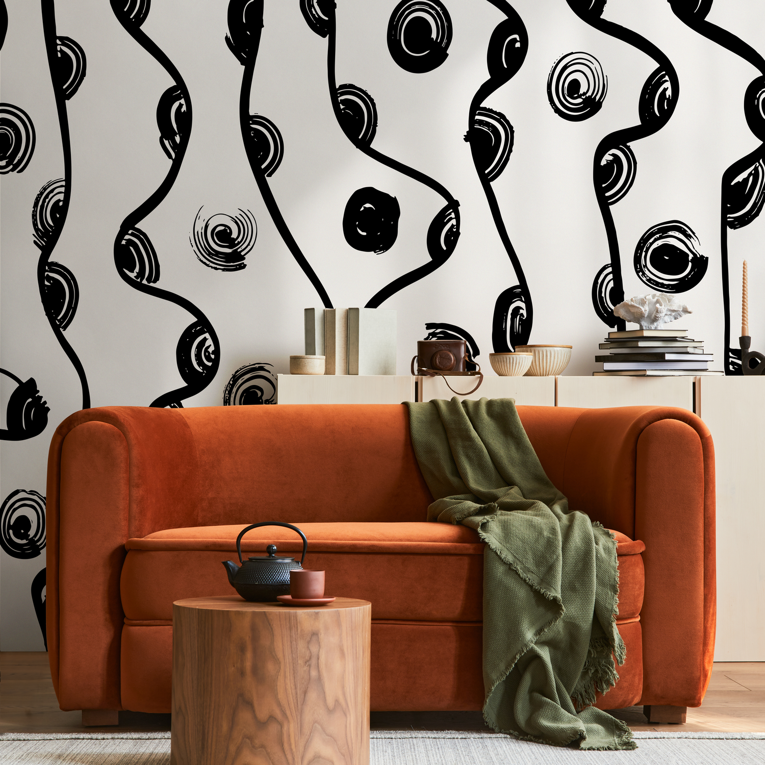 Abstract Wallpaper with Bold Brushstroke Swirls in Black and White - C132