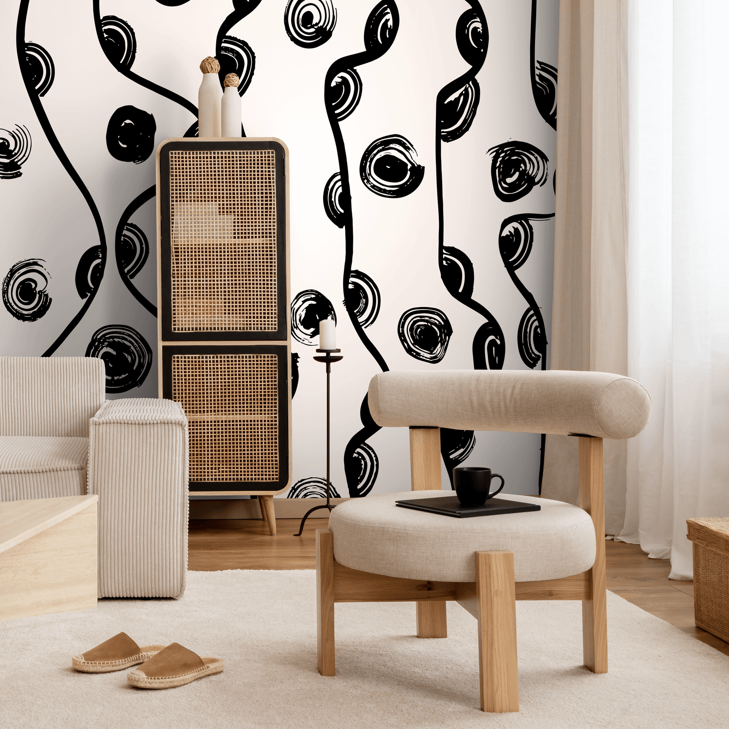Abstract Wallpaper with Bold Brushstroke Swirls in Black and White - C132