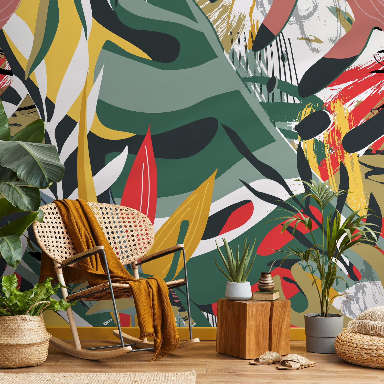 Abstract Botanical Wallpaper with Bold Brushstrokes in Green, Yellow, and Red - C134