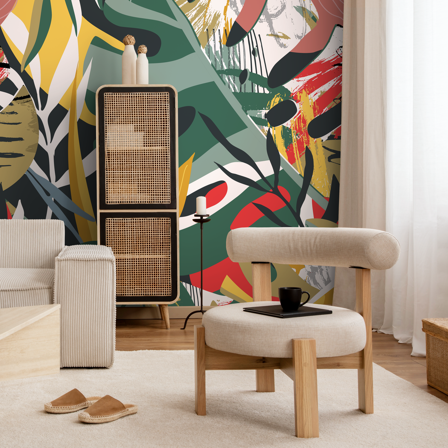 Abstract Botanical Wallpaper with Bold Brushstrokes in Green, Yellow, and Red - C134