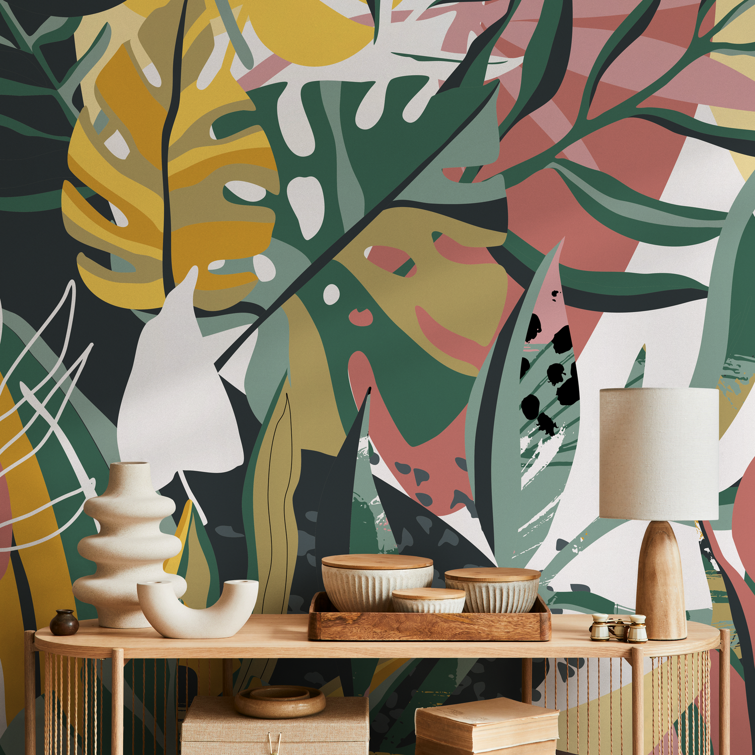 Removable Wallpaper Peel and Stick Wallpaper Wall Paper Wall Mural / Flat Colorful Leaves Wallpaper - C135 - ONDECOR.COM