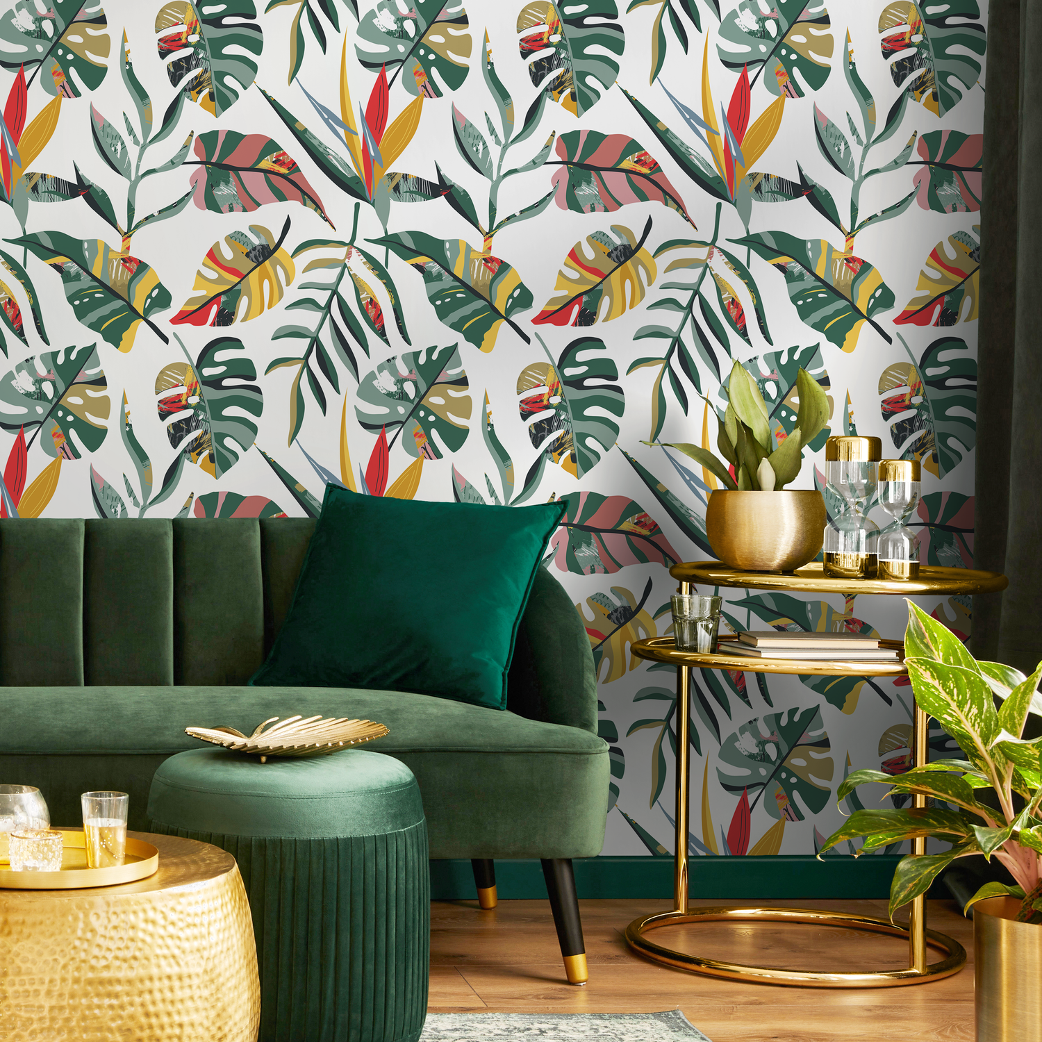 Tropical Wallpaper with Artistic Jungle Leaves in Green, Yellow, and Red - C136