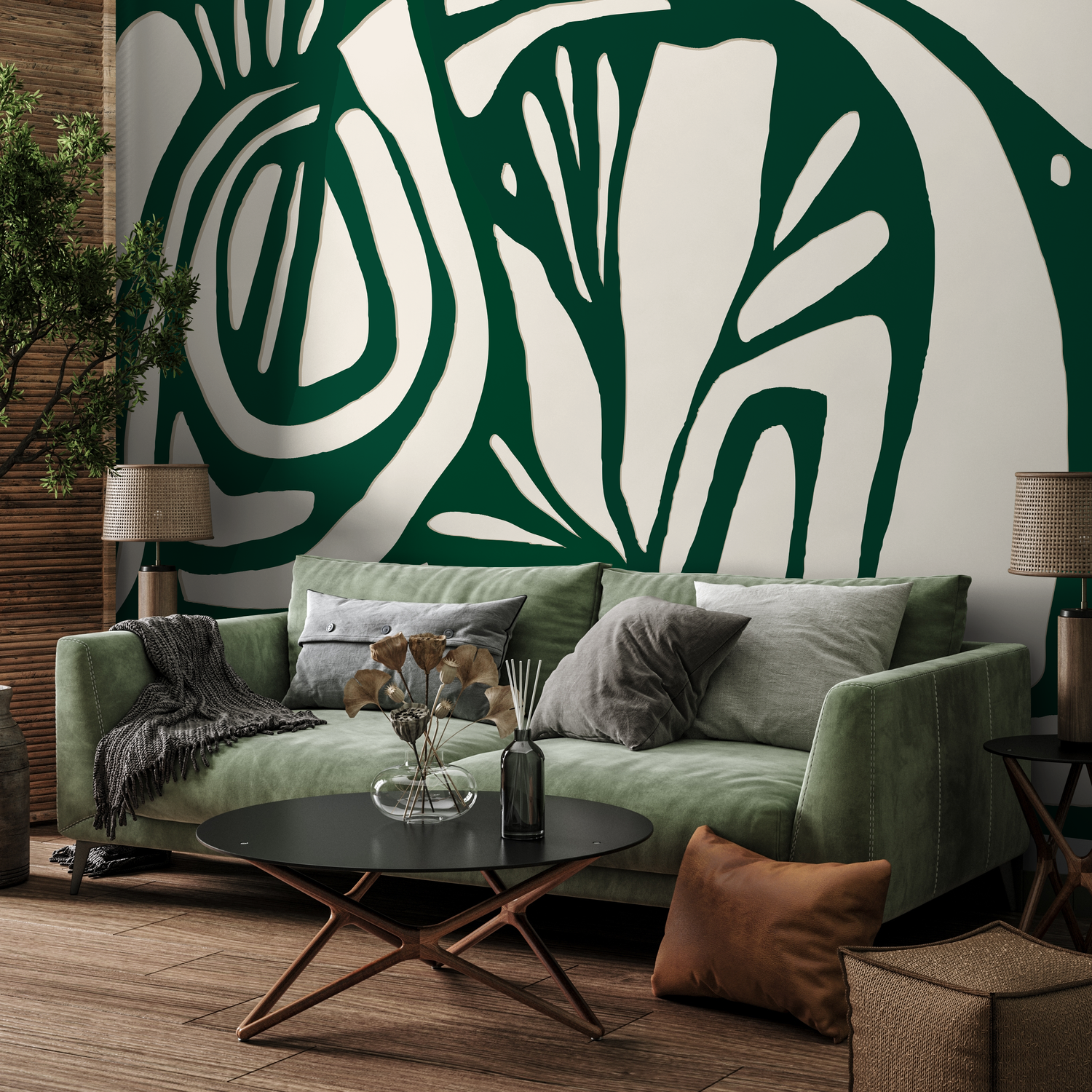 Botanical Wallpaper with a Large Abstract Leaf in Dark Green and Beige - C143