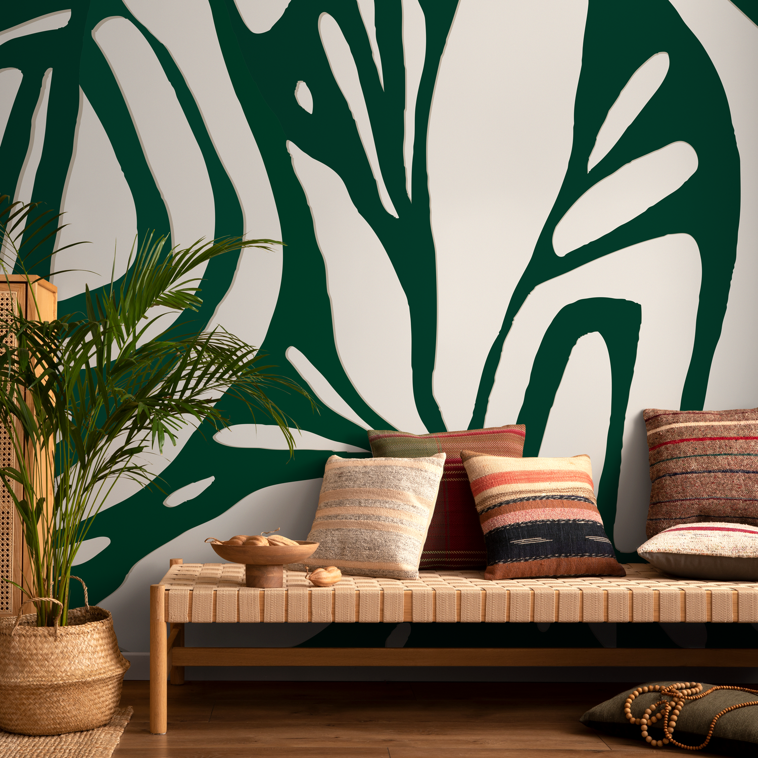 Botanical Wallpaper with a Large Abstract Leaf in Dark Green and Beige - C143