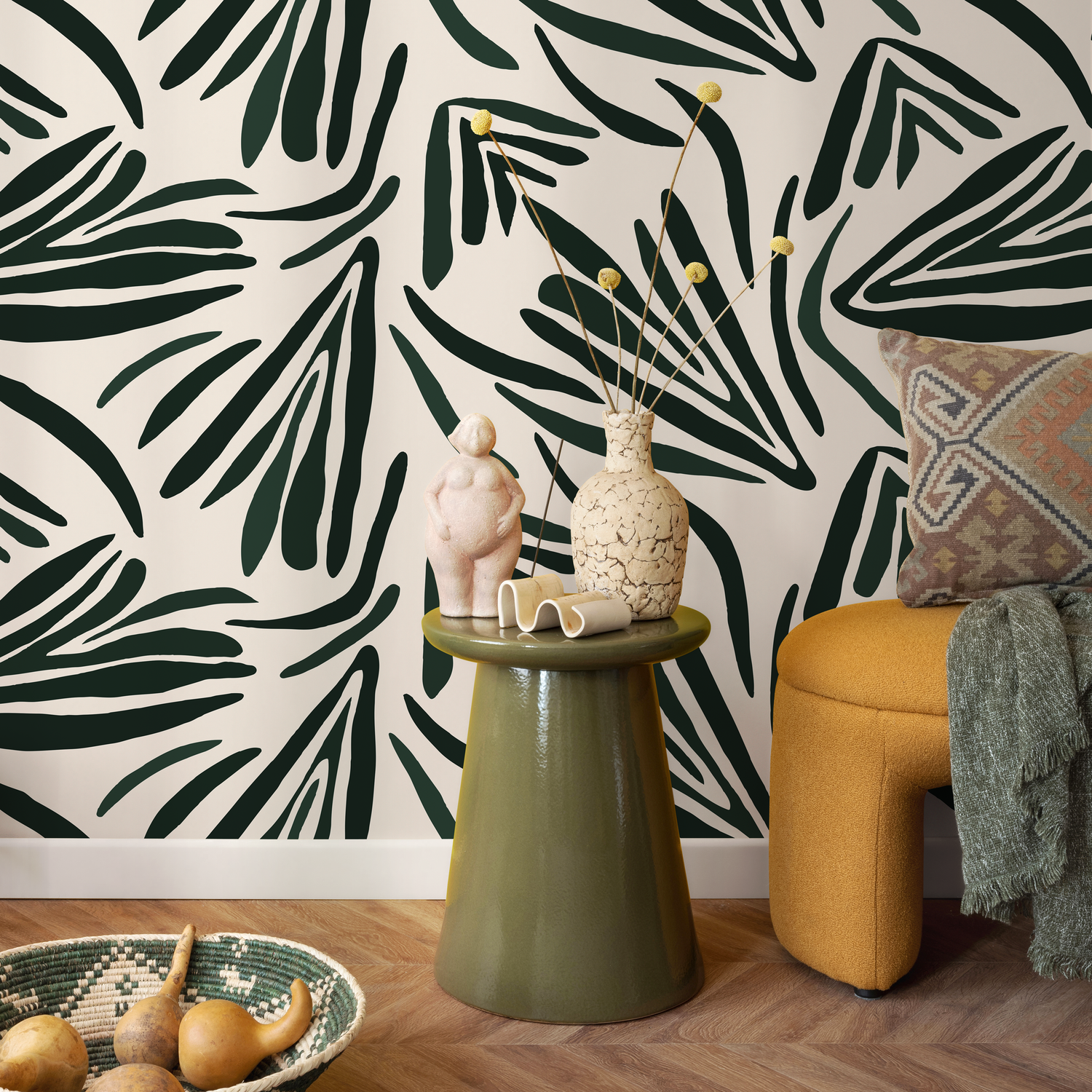 Papel tapiz autoadhesivo, papel tapiz extraíble, decoración del hogar, arte de pared, decoración de habitaciones / Papel tapiz bohemio con hojas abstractas - C145