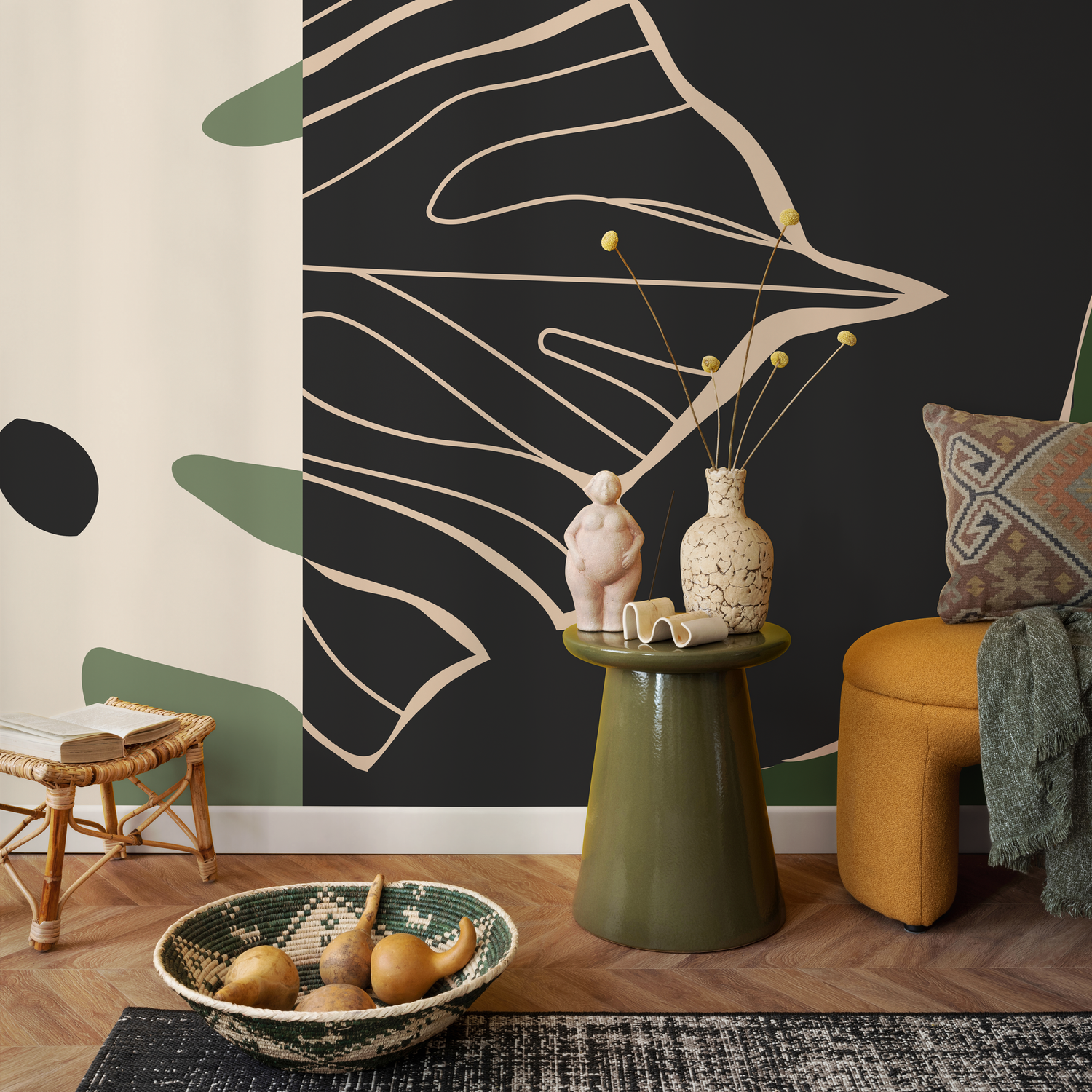 Abstract Wallpaper with Organic Shapes and Line Art in Black, Green, and Beige - C147