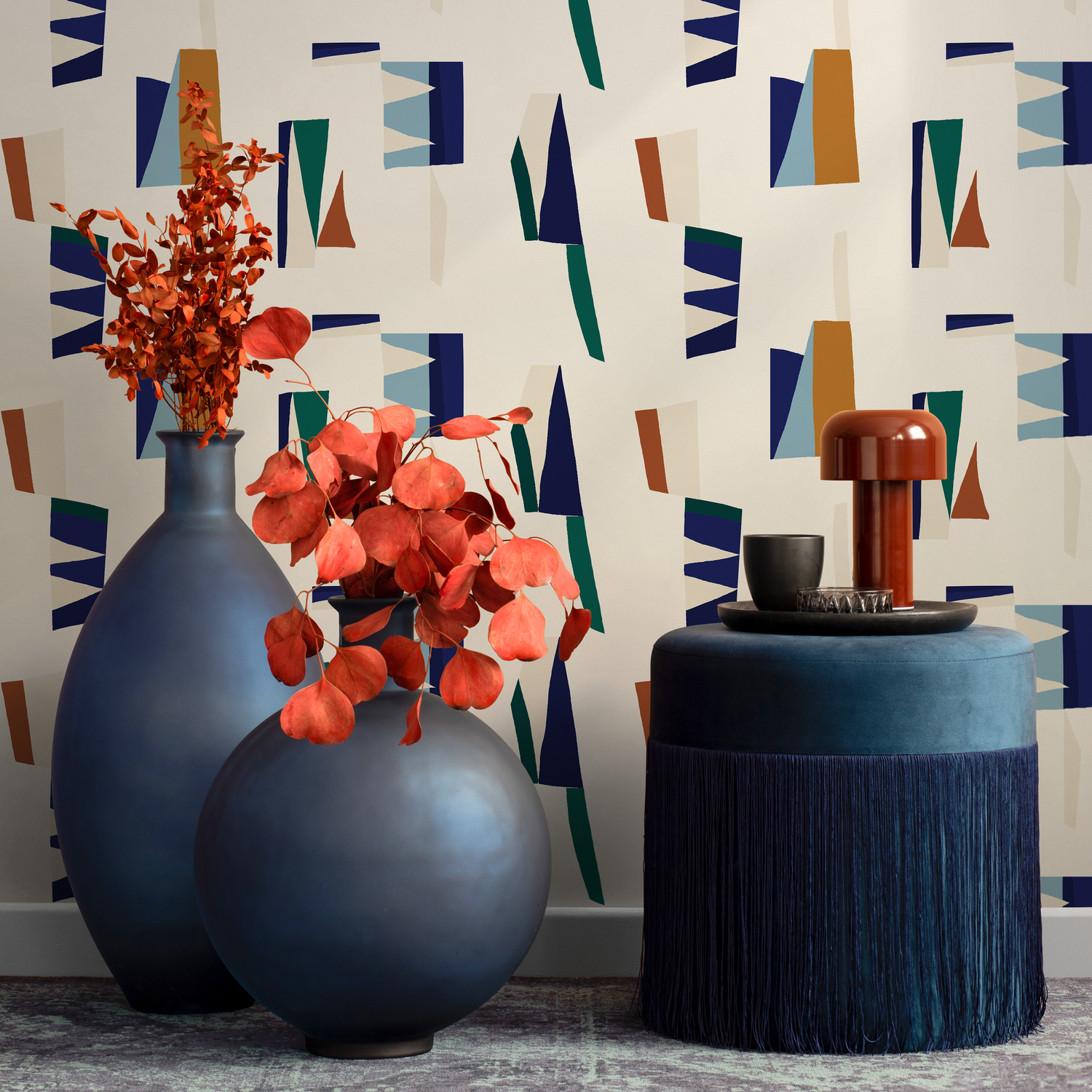Abstract Wallpaper with Mid-Century Geometric Shapes in Blue, Green, and Orange - C148