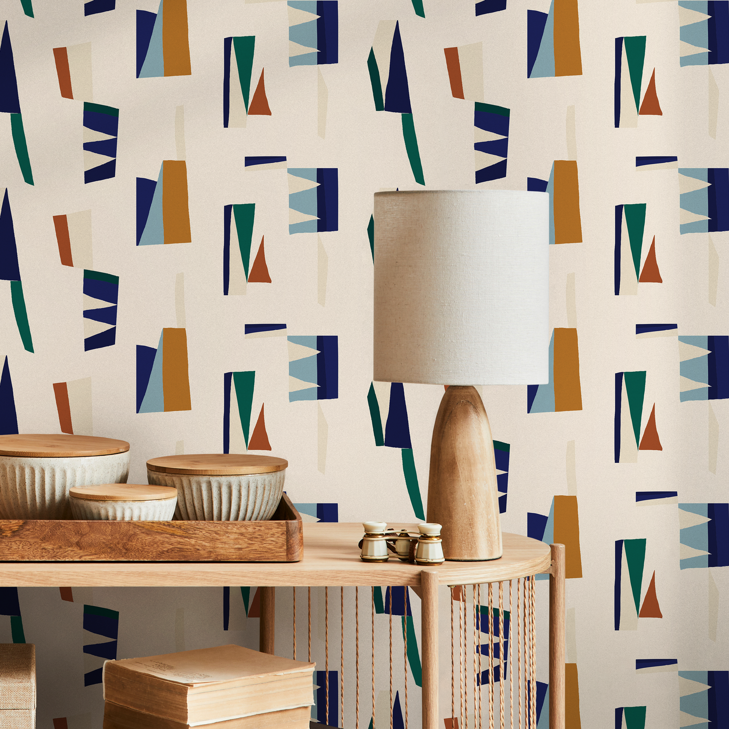 Abstract Wallpaper with Mid-Century Geometric Shapes in Blue, Green, and Orange - C148