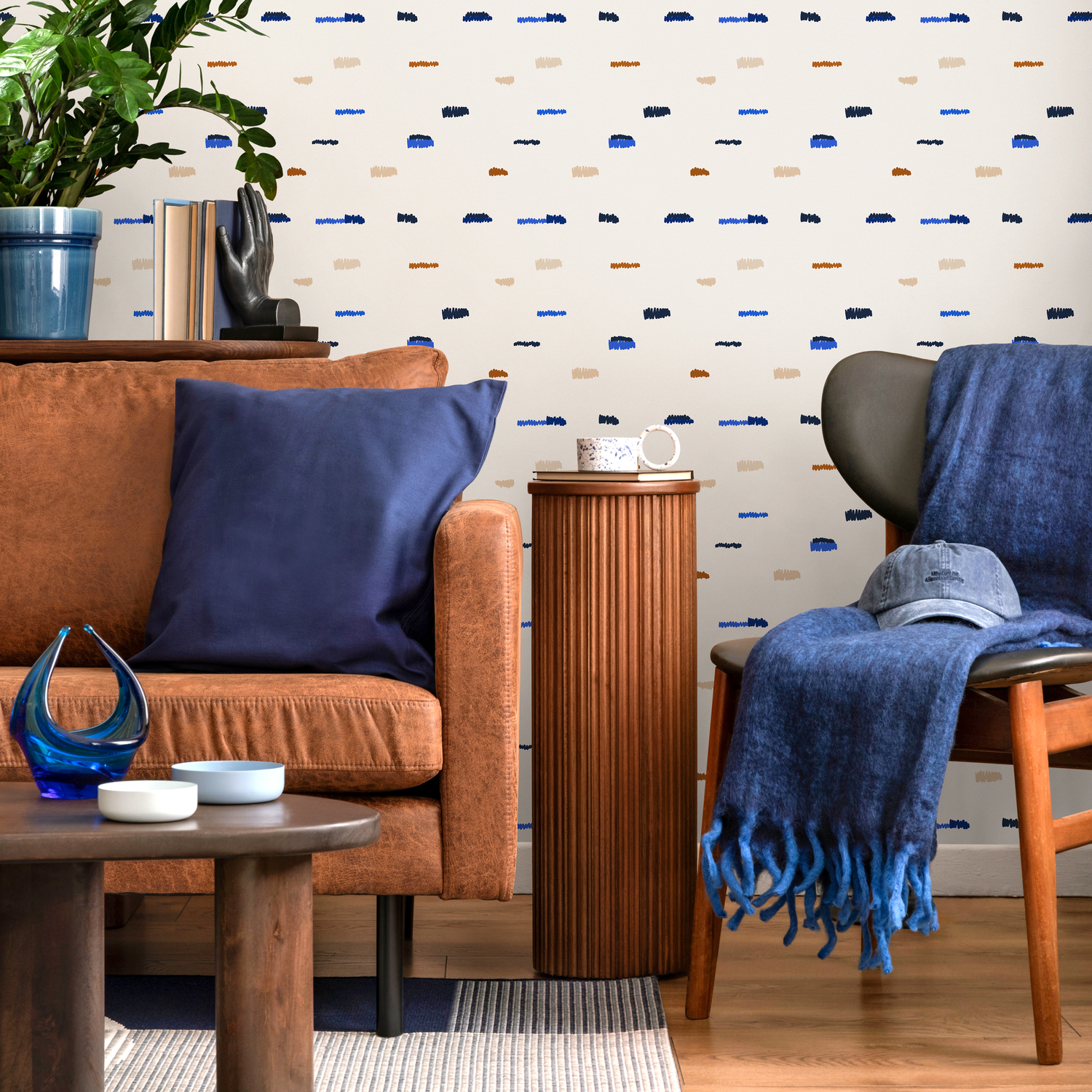 Abstract Wallpaper with Textured Dashes in Blue, Black, and Brown - C150