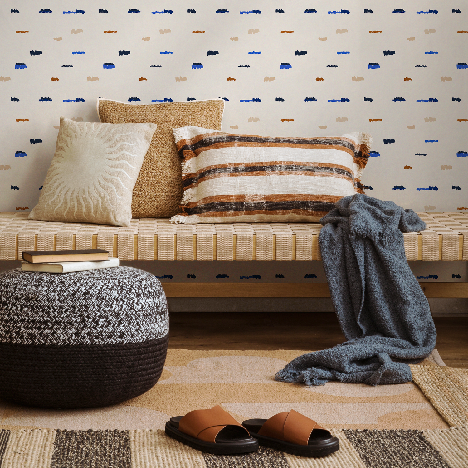 Abstract Wallpaper with Textured Dashes in Blue, Black, and Brown - C150