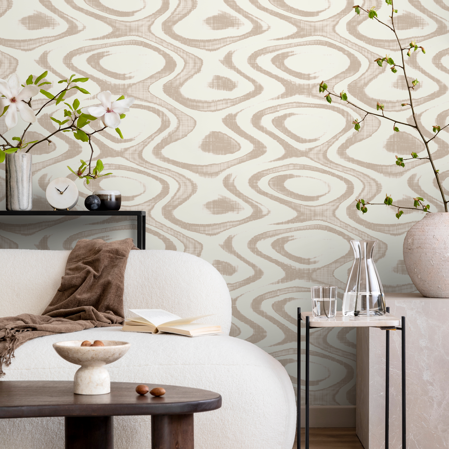 Abstract Wallpaper with a Fluid Wavy Motif in Beige and Cream - C151