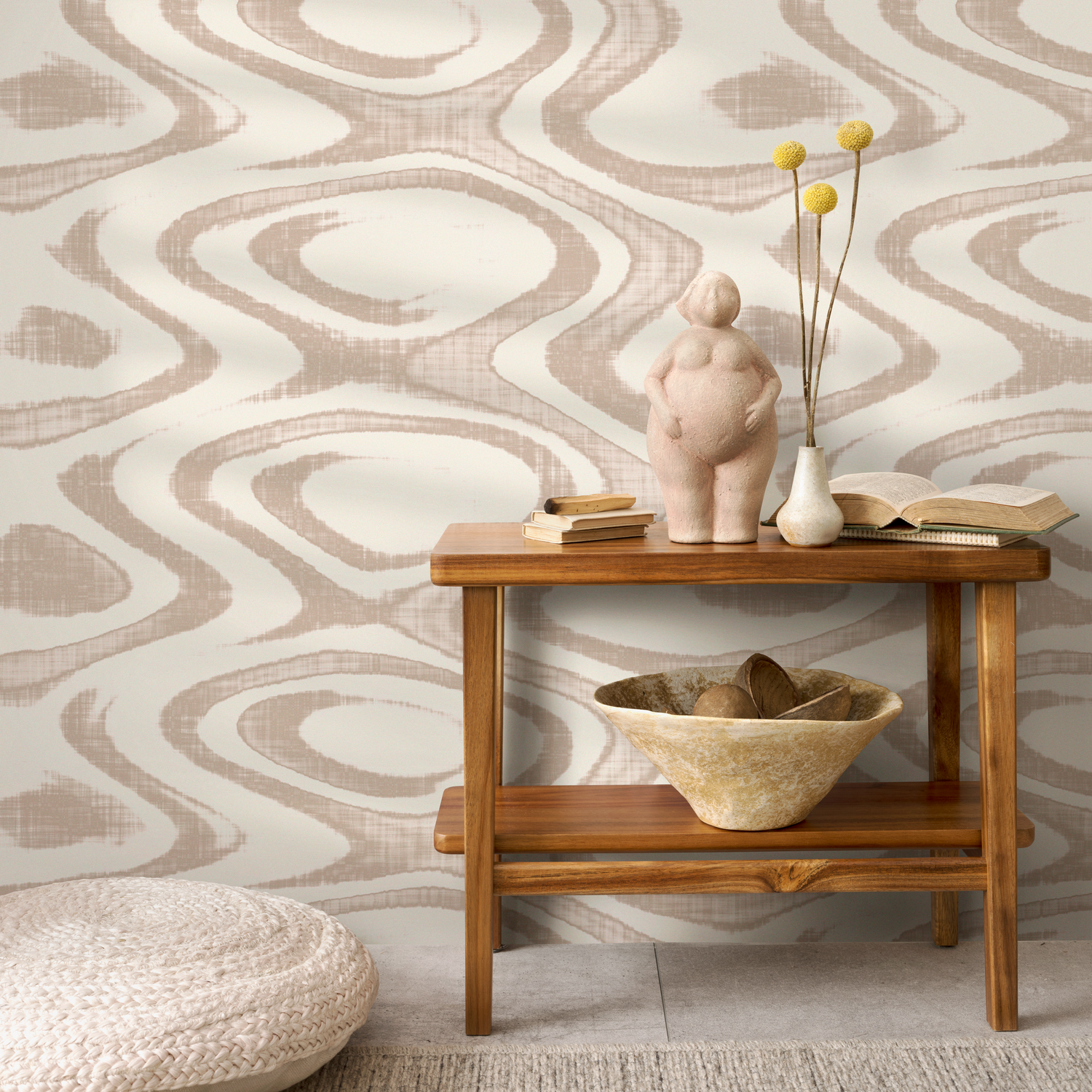 Abstract Wallpaper with a Fluid Wavy Motif in Beige and Cream - C151