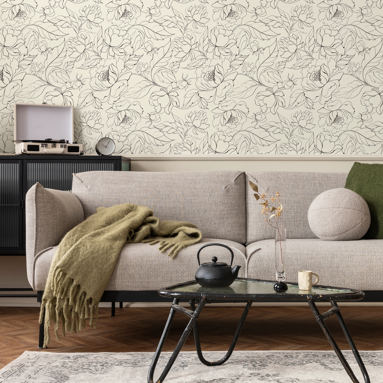 Floral Wallpaper with Elegant Peony Line Art in Black and Beige - C153