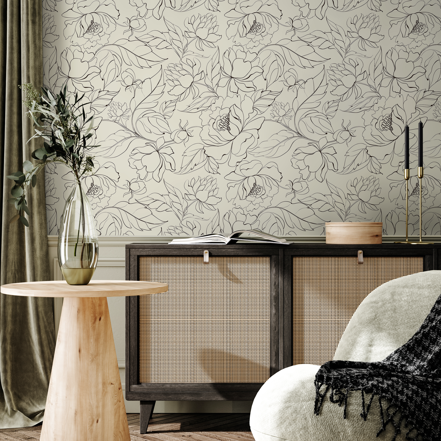 Floral Wallpaper with Elegant Peony Line Art in Black and Beige - C153