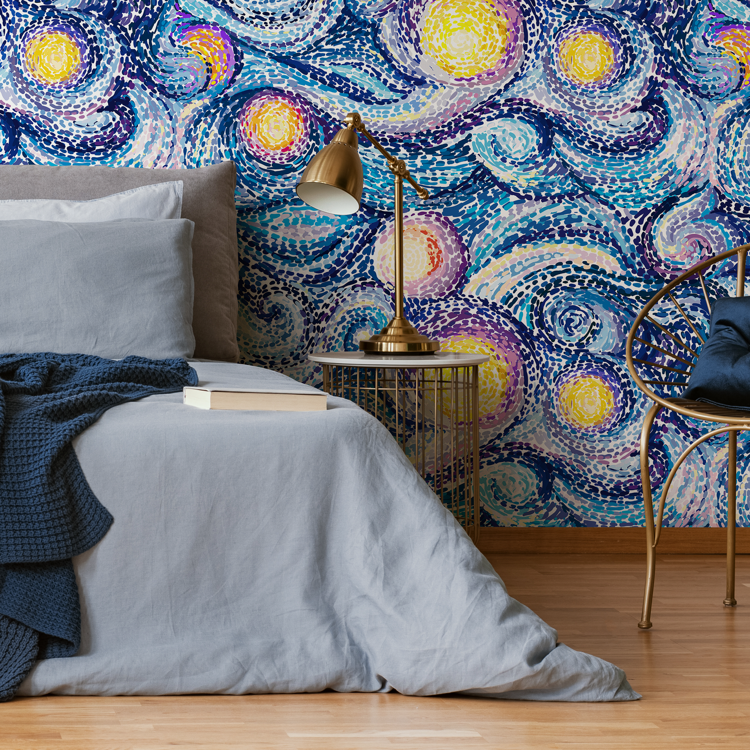Abstract Wallpaper with a Starry Night Mosaic in Blue and Yellow - C155