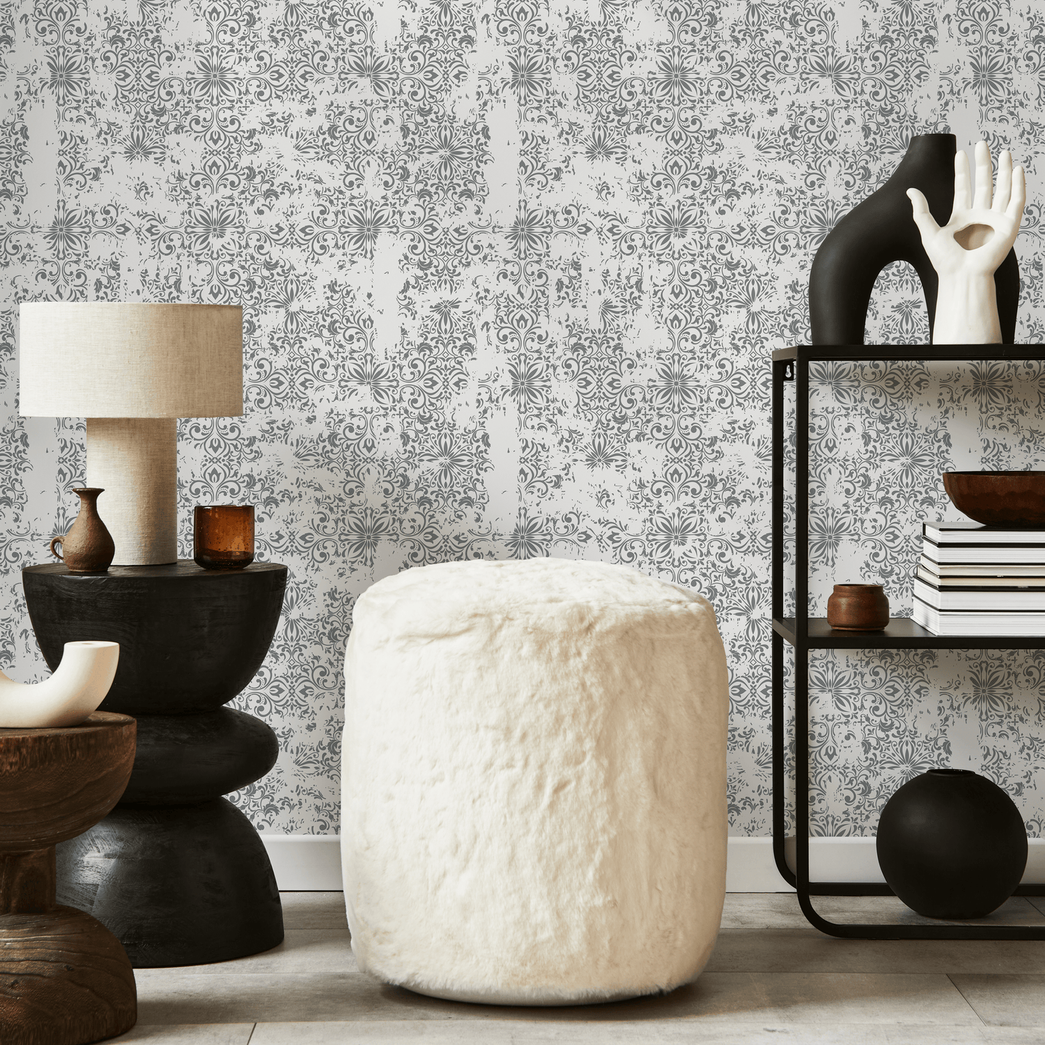 Classic Wallpaper with a Distressed Damask Motif in Gray and Light Gray - C157