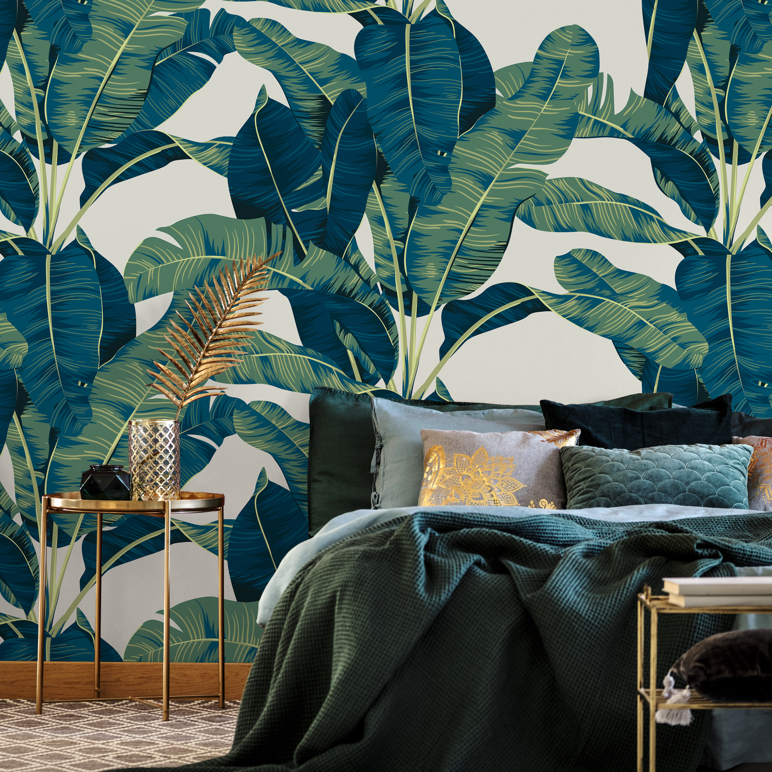 Tropical Wallpaper with Lush Banana Leaves in Teal and Green - C160