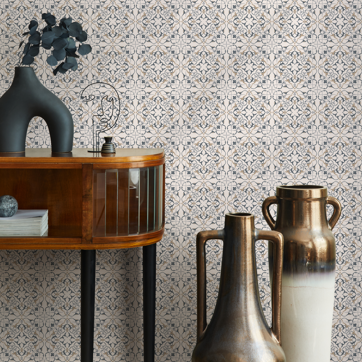 Vintage Wallpaper with a Geometric Medallion Motif in Slate Blue and Beige - C162