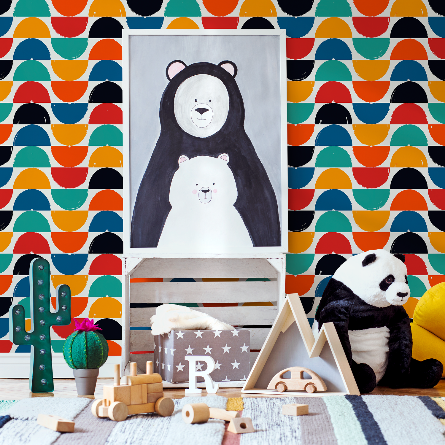 Geometric Wallpaper Featuring Colorful Half-Moon Shapes in Red, Orange, and Blue - C167