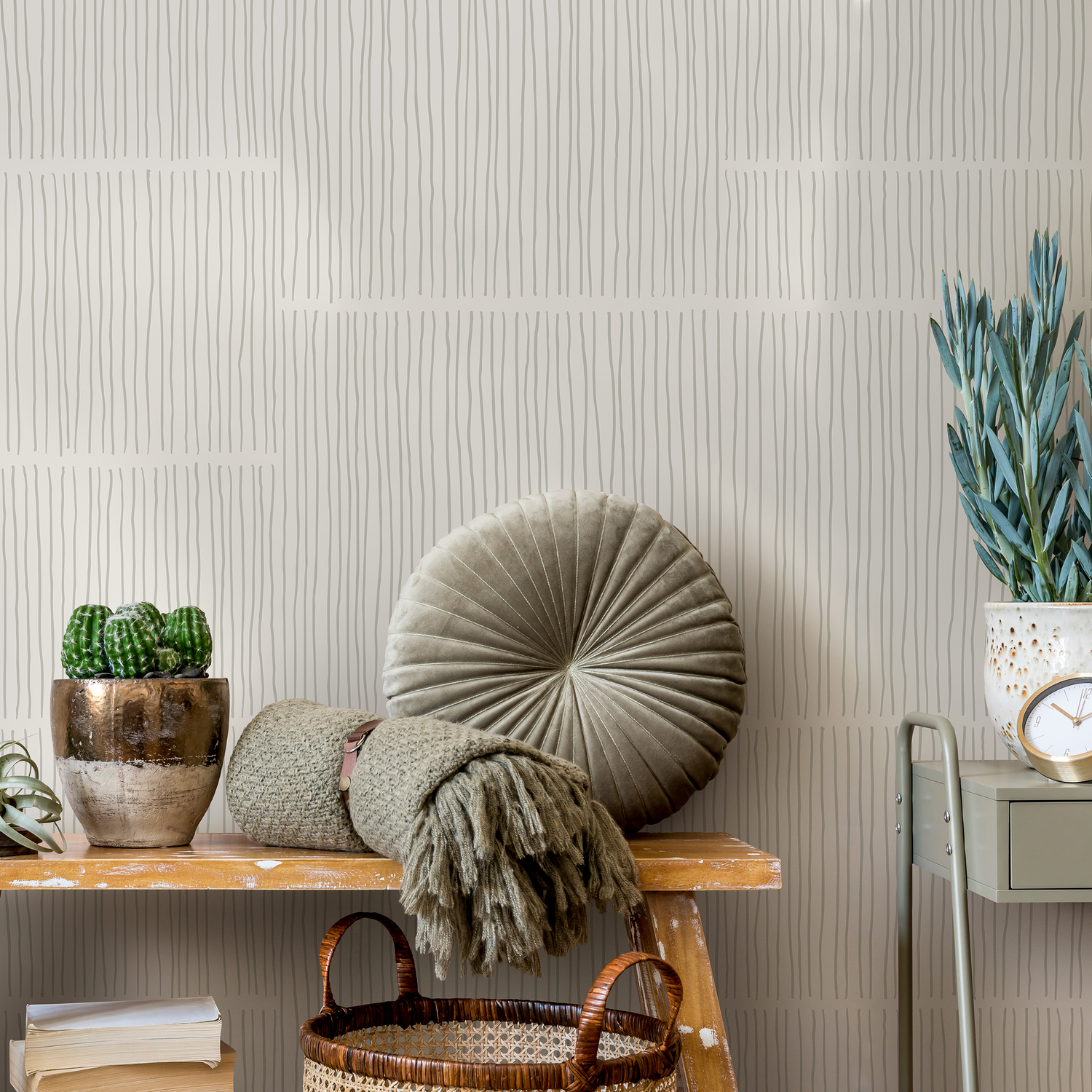 Abstract Wallpaper with Wavy Vertical Lines in Beige and Sage Green - C172