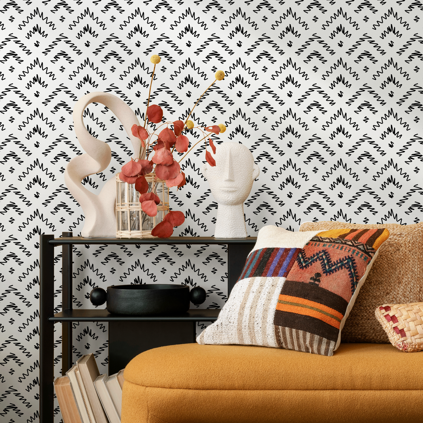 Papel tapiz autoadhesivo, papel tapiz removible, decoración del hogar, decoración de paredes, decoración de habitaciones / Papel tapiz geométrico en blanco y negro - C175