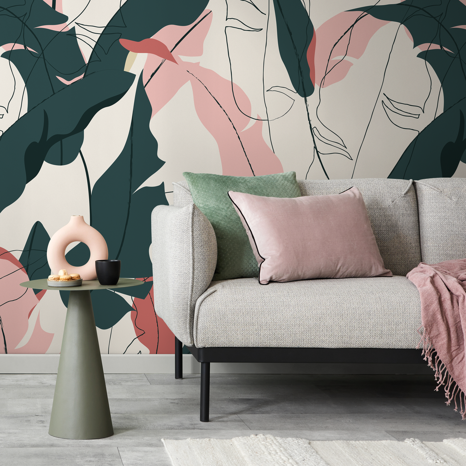 Abstract Wallpaper with Botanical Leaves and Line Art Faces in Teal and Pink - C179
