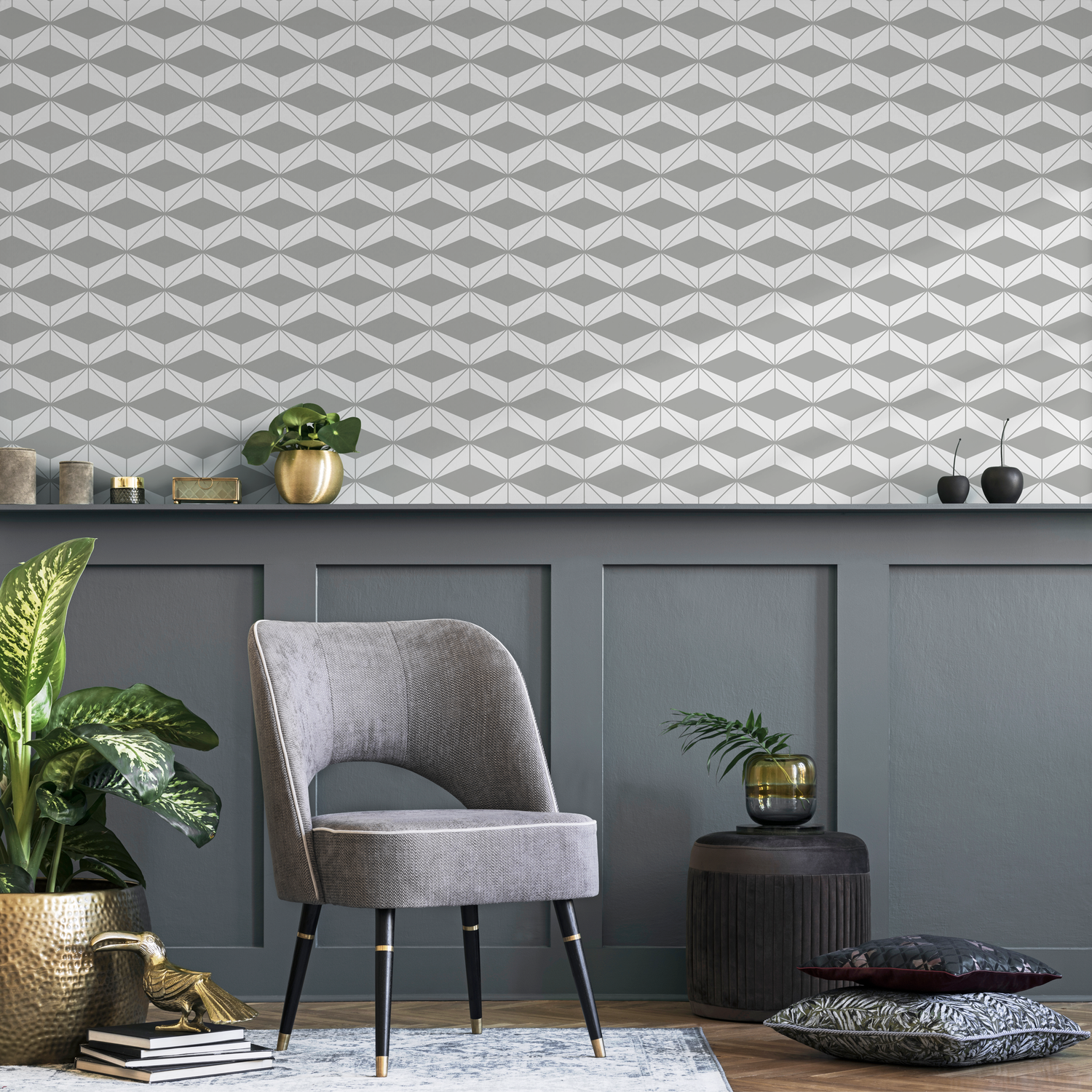Geometric Wallpaper with a Tessellated Diamond Motif in Shades of Gray - C181