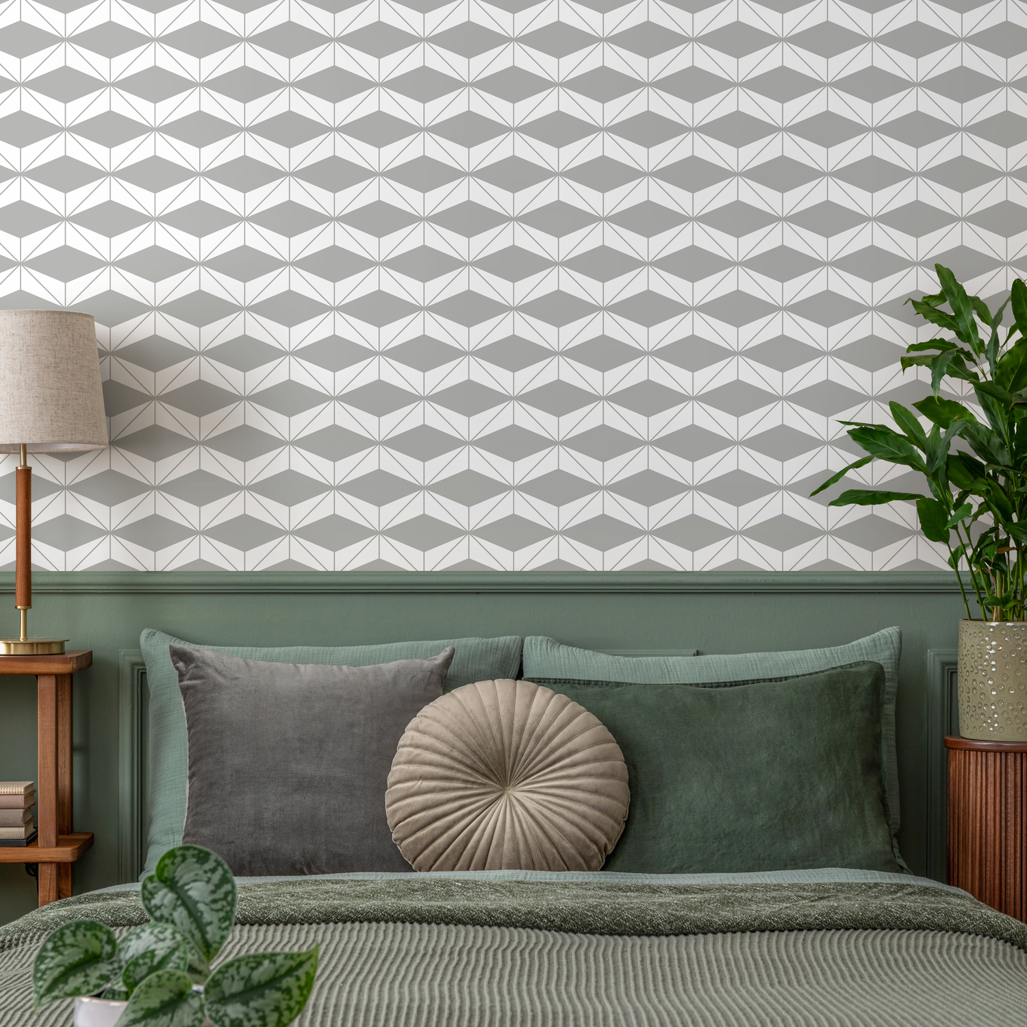 Geometric Wallpaper with a Tessellated Diamond Motif in Shades of Gray - C181