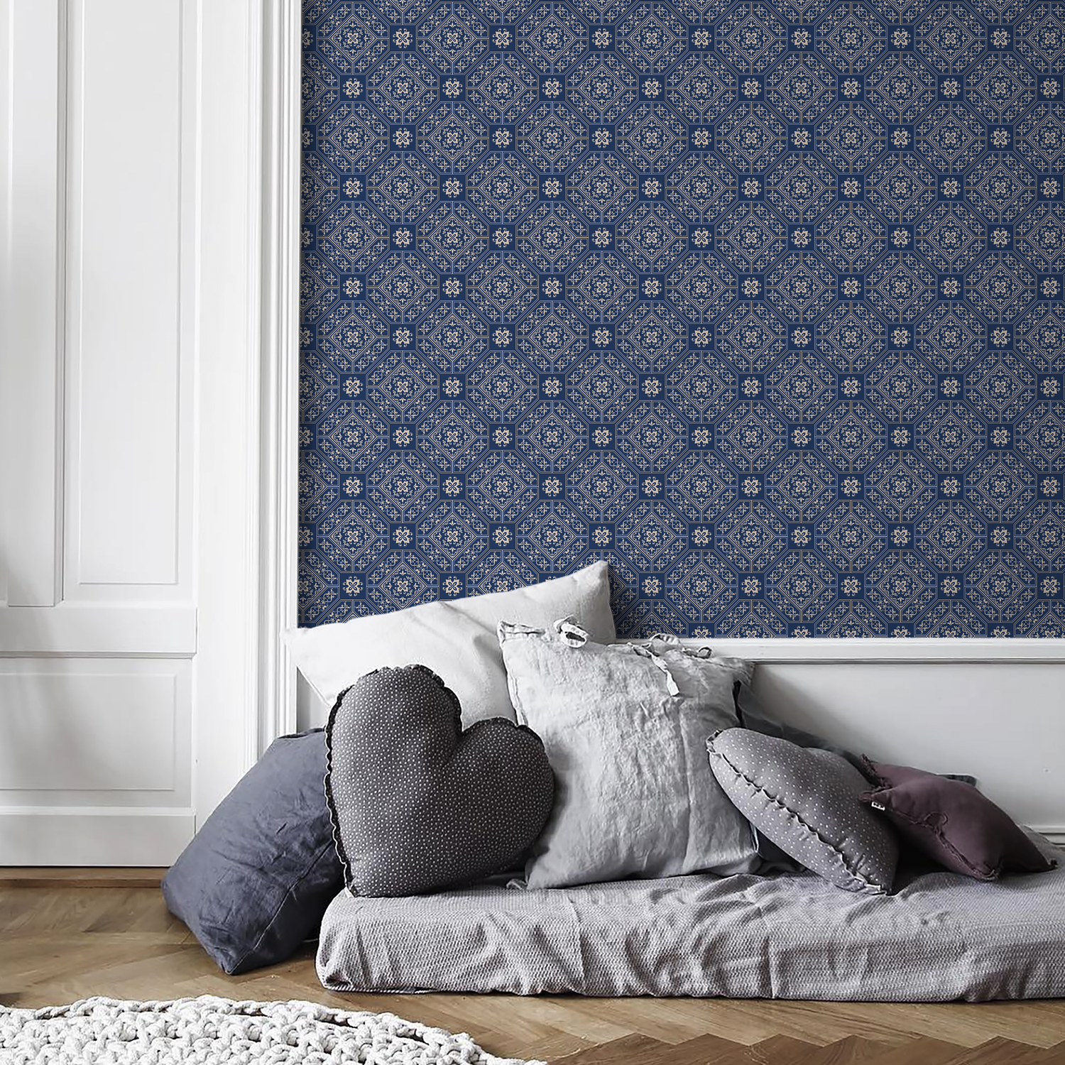Geometric Wallpaper with an Intricate Tile Motif in Navy Blue and Beige - C188