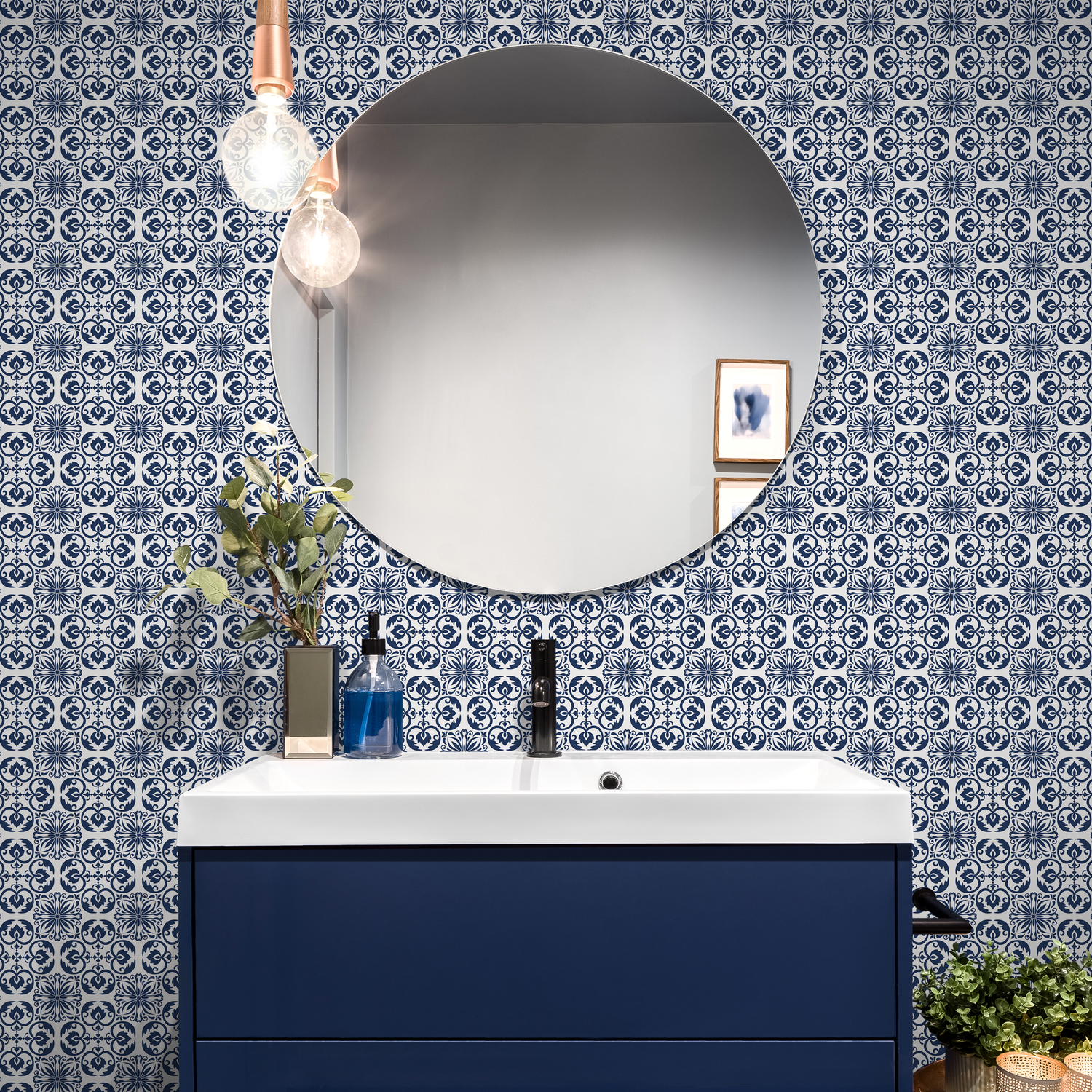 Tile Wallpaper with an Intricate Medallion Motif in Blue and White - C190
