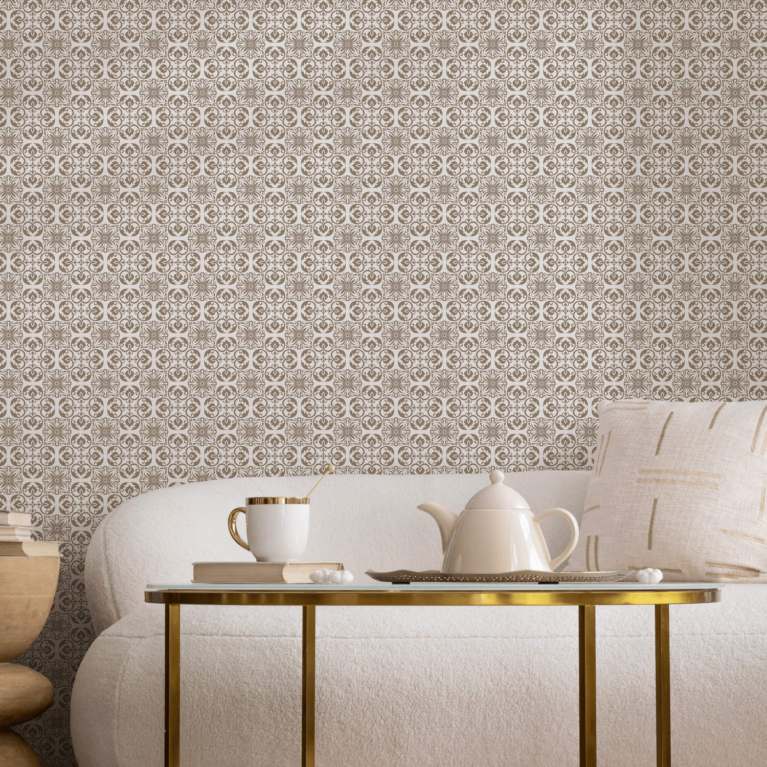 Damask Wallpaper with an Ornate Tile Motif in Brown and Beige - C191