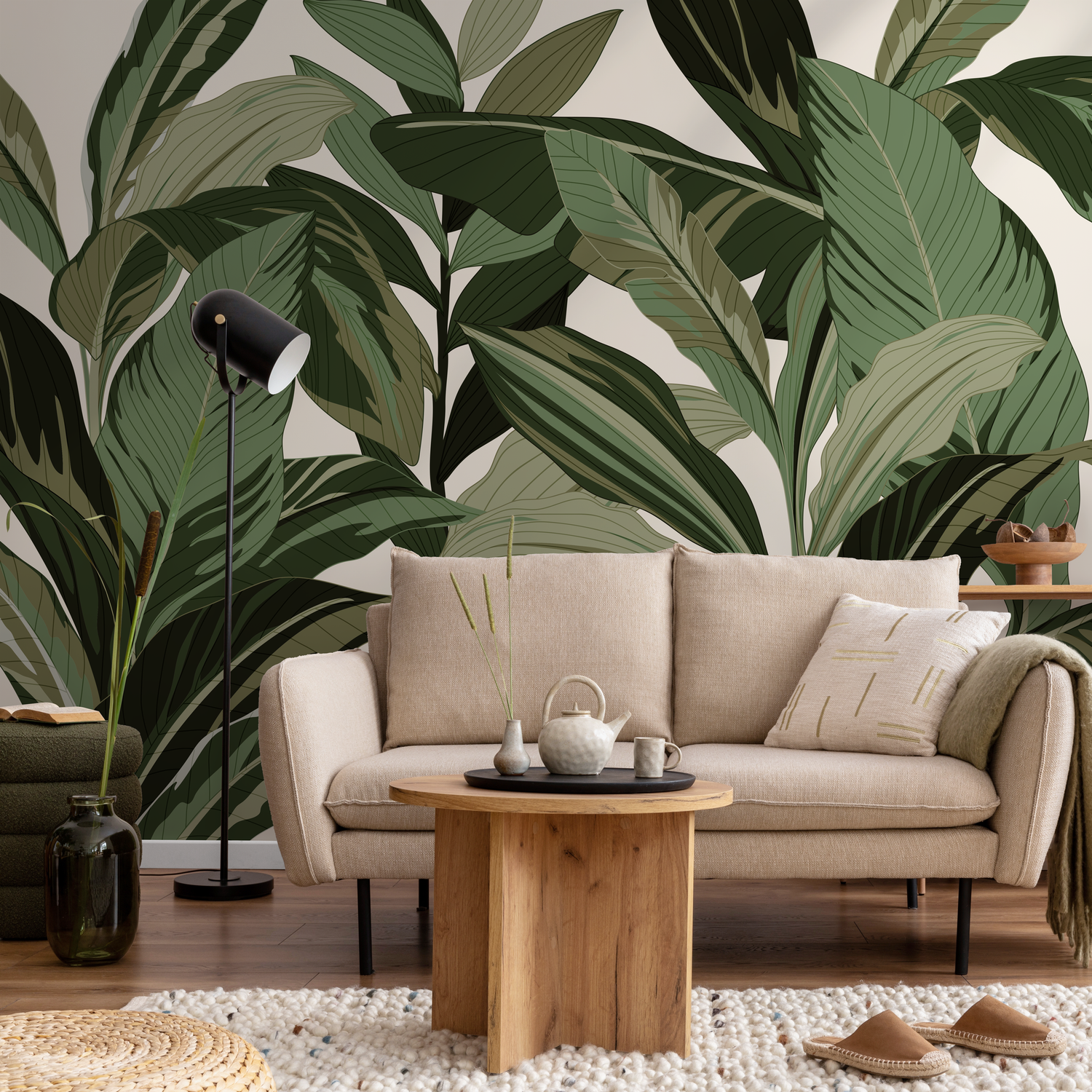 Botanical Wallpaper Featuring Large Tropical Leaves in Green - C199