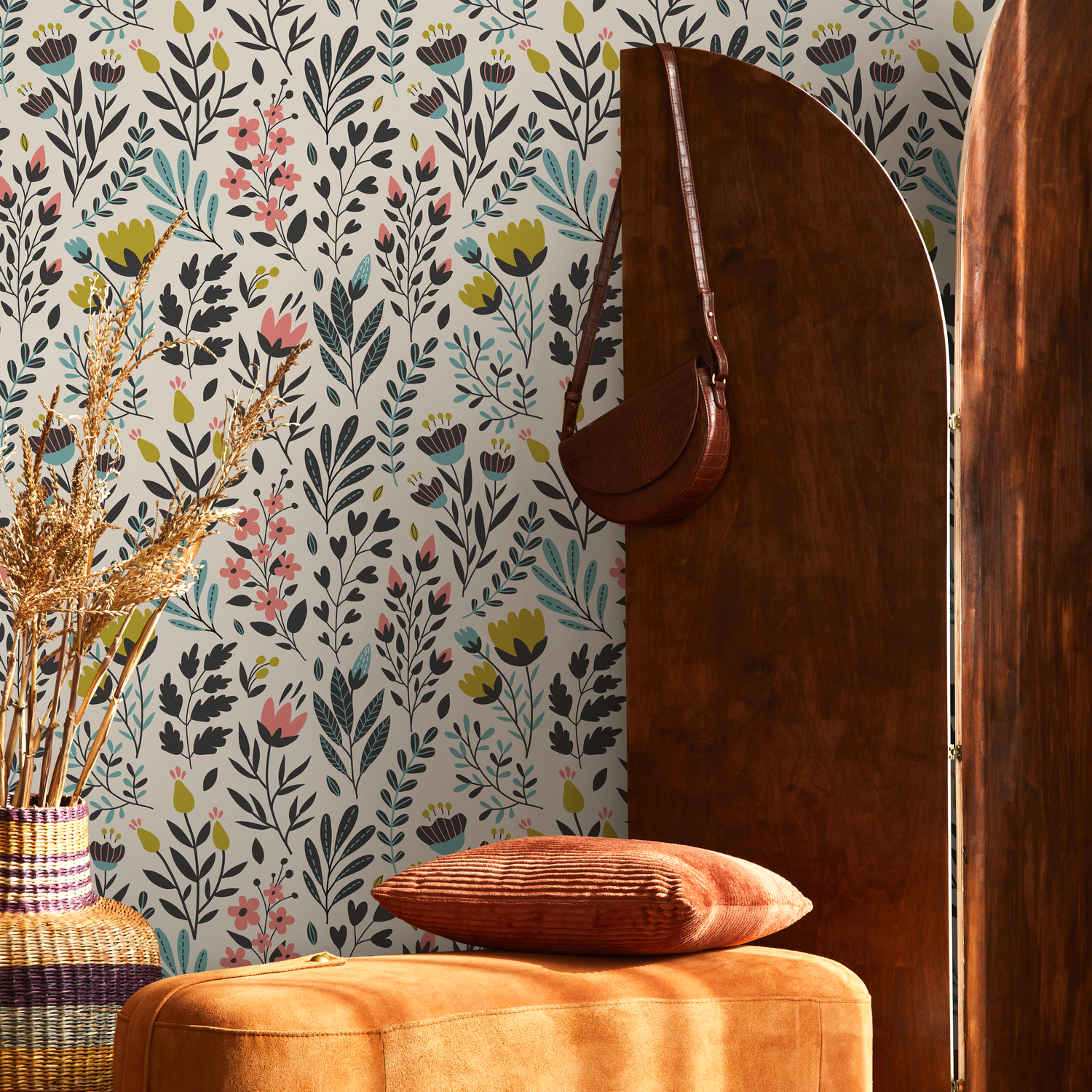 Floral Wallpaper with a Folk Art Meadow in Black, Pink, and Teal - C210