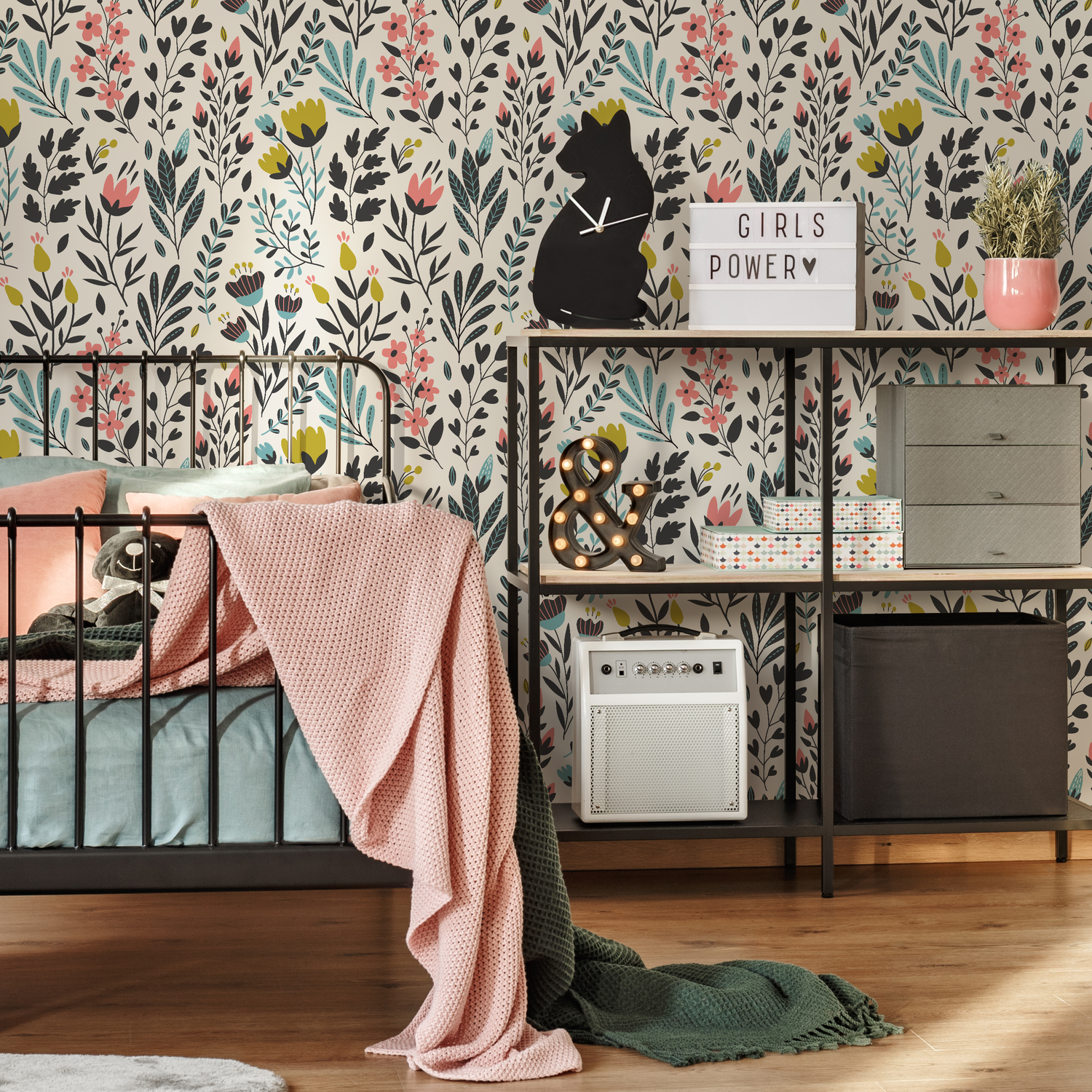 Floral Wallpaper with a Folk Art Meadow in Black, Pink, and Teal - C210
