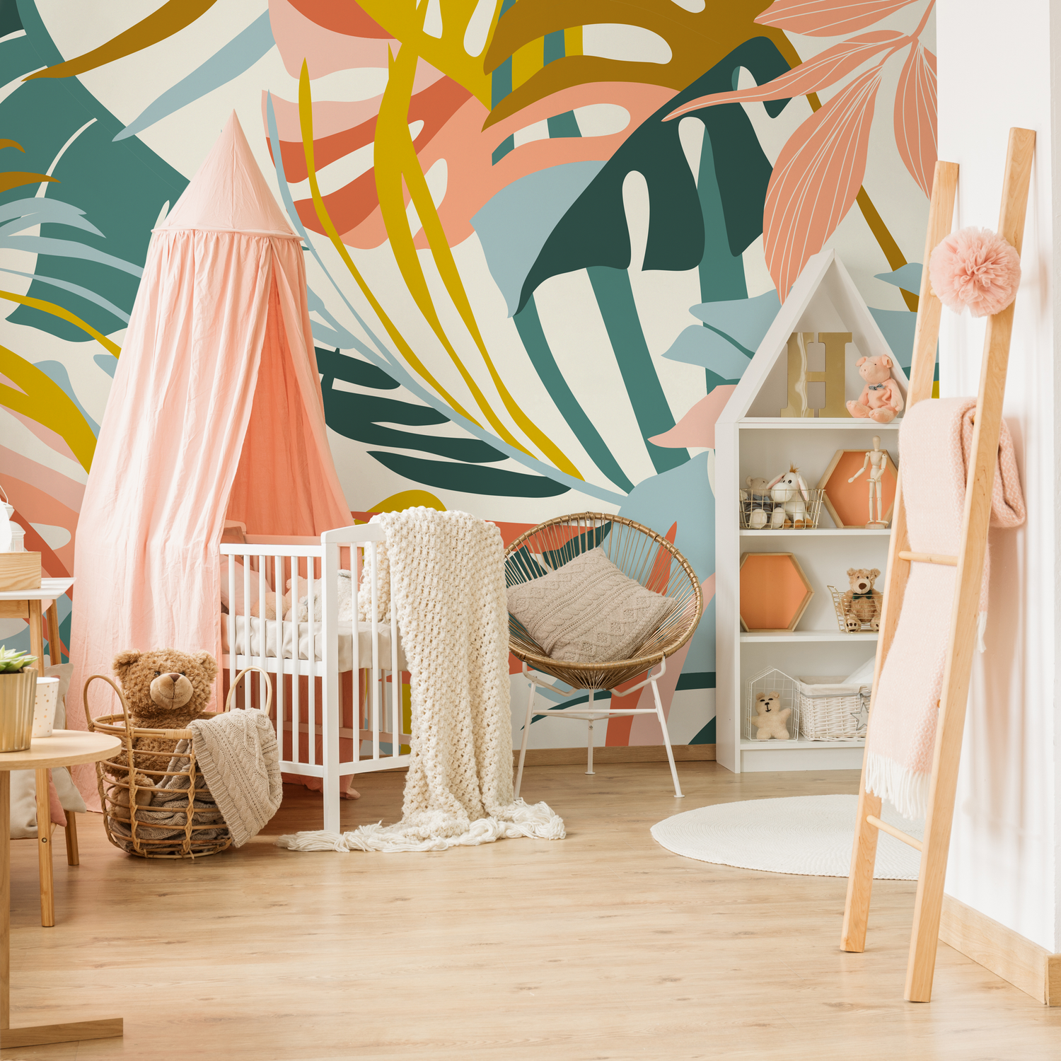Abstract Botanical Wallpaper with Modern Tropical Leaves in Teal, Pink, and Yellow - C211