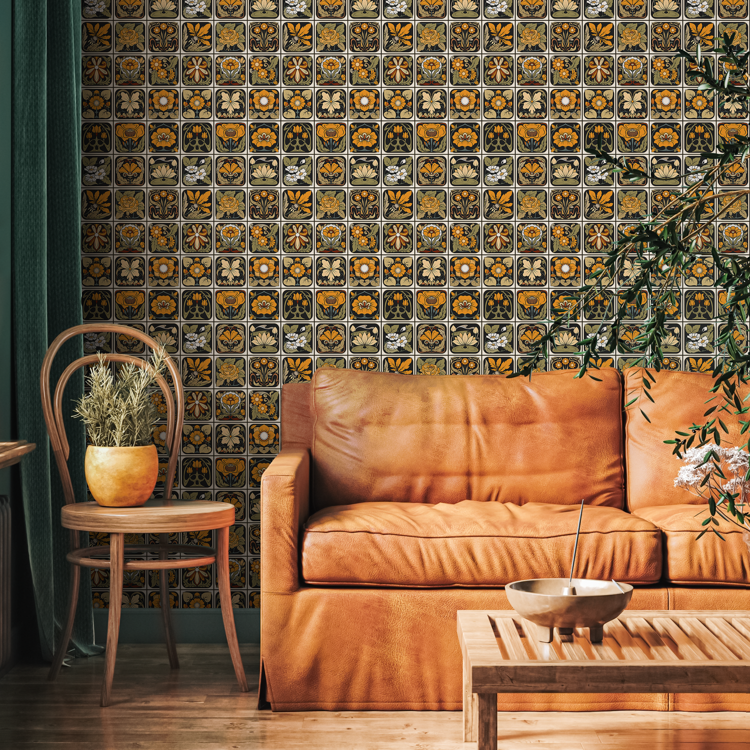 Art Deco Wallpaper with a Floral Tile Motif in Black, Gold, and Green - C215